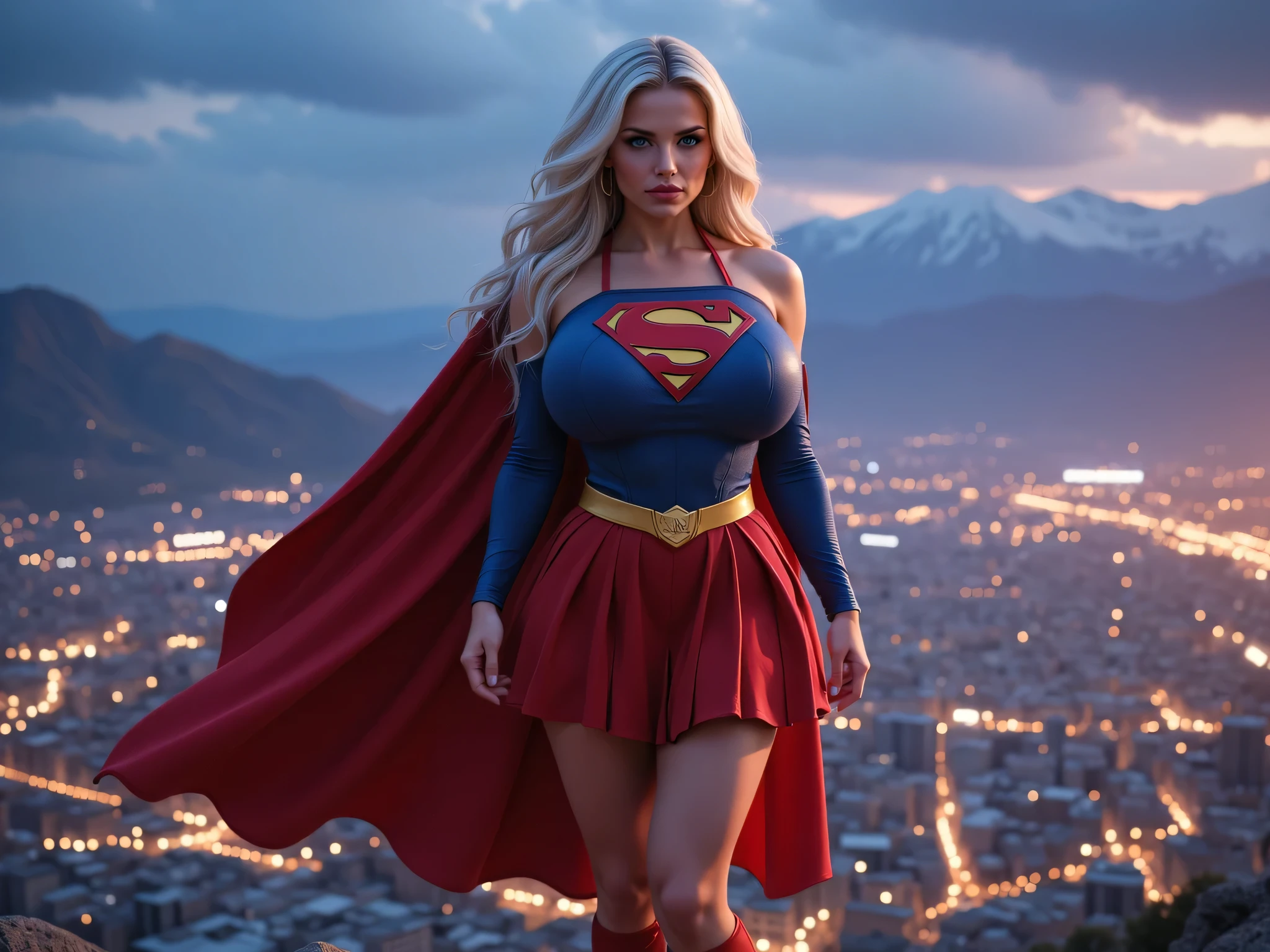 INCREDIBLY SEXY YOUNG INNOCENT MATURE SUPERGIRL, HYPER DETAILED BLUE EYES, beautiful Kryptonian superheroine, powerful stance, blue eyes, wavy white hair, determined expression, red and blue costume, red pleated skirt, yellow belt, red boots, , detailed facial features, 4K, flight, hyper-realistic, photorealistic, dramatic lighting, cinematic composition, epic sci-fi landscape, luminous alien cityscape, distant mountains, futuristic technology, volumetric fog, dramatic shadows, vivid colors, digital art, concept art style. SUPERGIRL'S COSTUME AND PLACE FROM SPANDEX 1980, standing in a sexy pose, on top of a building at night