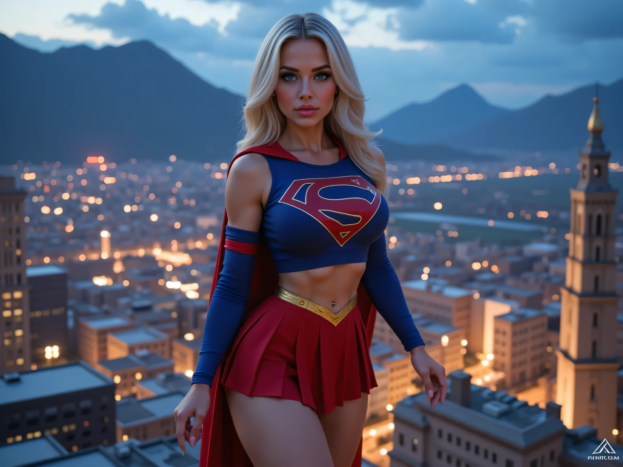 INCREDIBLY SEXY YOUNG INNOCENT MATURE SUPERGIRL, HYPER DETAILED BLUE EYES, beautiful Kryptonian superheroine, powerful stance, blue eyes, wavy white hair, determined expression, red and blue costume, red pleated skirt, yellow belt, red boots, , detailed facial features, 4K, flight, hyper-realistic, photorealistic, dramatic lighting, cinematic composition, epic sci-fi landscape, luminous alien cityscape, distant mountains, futuristic technology, volumetric fog, dramatic shadows, vivid colors, digital art, concept art style. SUPERGIRL'S COSTUME AND PLACE FROM SPANDEX 1980, standing in a sexy pose, on top of a building at night