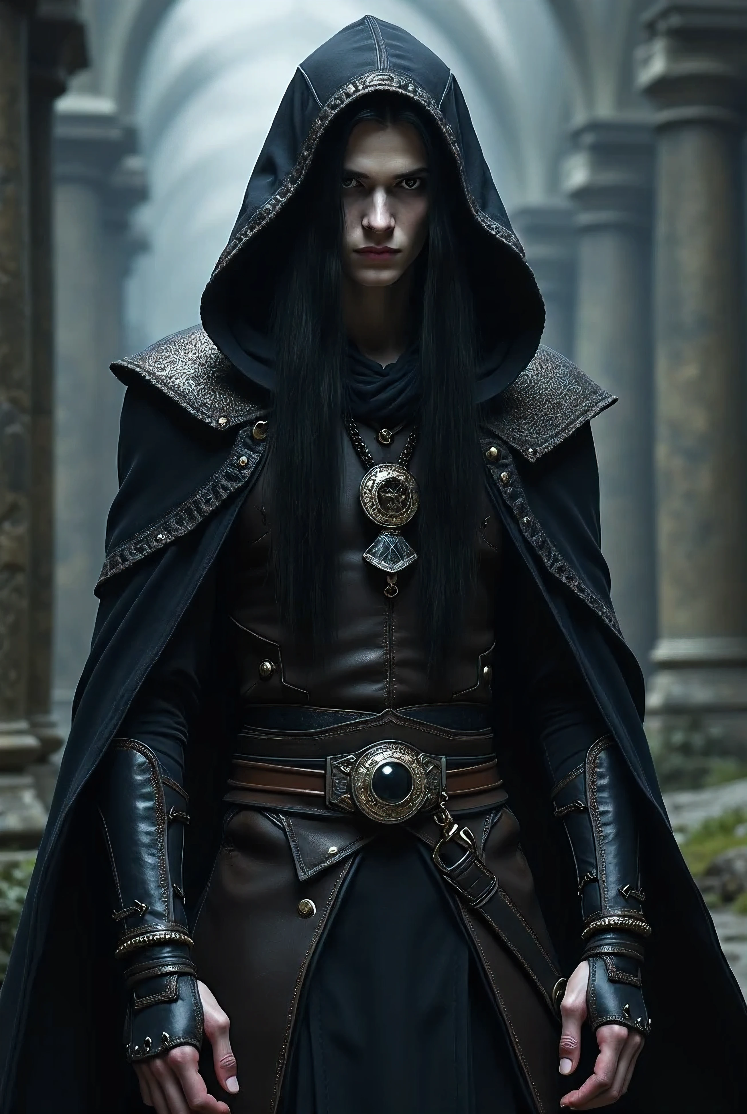 A young Shadar-Kai male, standing tall with an intense and calculating gaze. His face is sharp and angular, with pale, ashen-gray skin. His eyes are completely black with a spectral glow, giving him an eerie presence. His long, straight black hair falls loosely over his shoulders.
He has a lean but toned physique, reflecting a life of adventure and hardship. His hands are dexterous, marked by faint scars and glowing arcane tattoos on his forearms, a remnant of his pact with a powerful Death Knight.
He wears a dark, hooded cloak adorned with silver embroidery and stitched ancient runes. Beneath, he dons reinforced leather armor with subtle bone decorations, practical yet intimidating. Around his neck, he wears a blackened bone pendant, a symbol of his patron’s will.
The air around him carries a faint scent of incense and ancient tombs, as if he had just stepped out of a forgotten crypt. His overall presence is both enigmatic and unsettling, a wandering warlock caught between duty and ambition.
--high detail, ultra-realistic, masterpiece, cinematic lighting, dramatic shadows, dark fantasy, beautiful, intricate design, professional artwork, award-winning illustration, epic character portrait