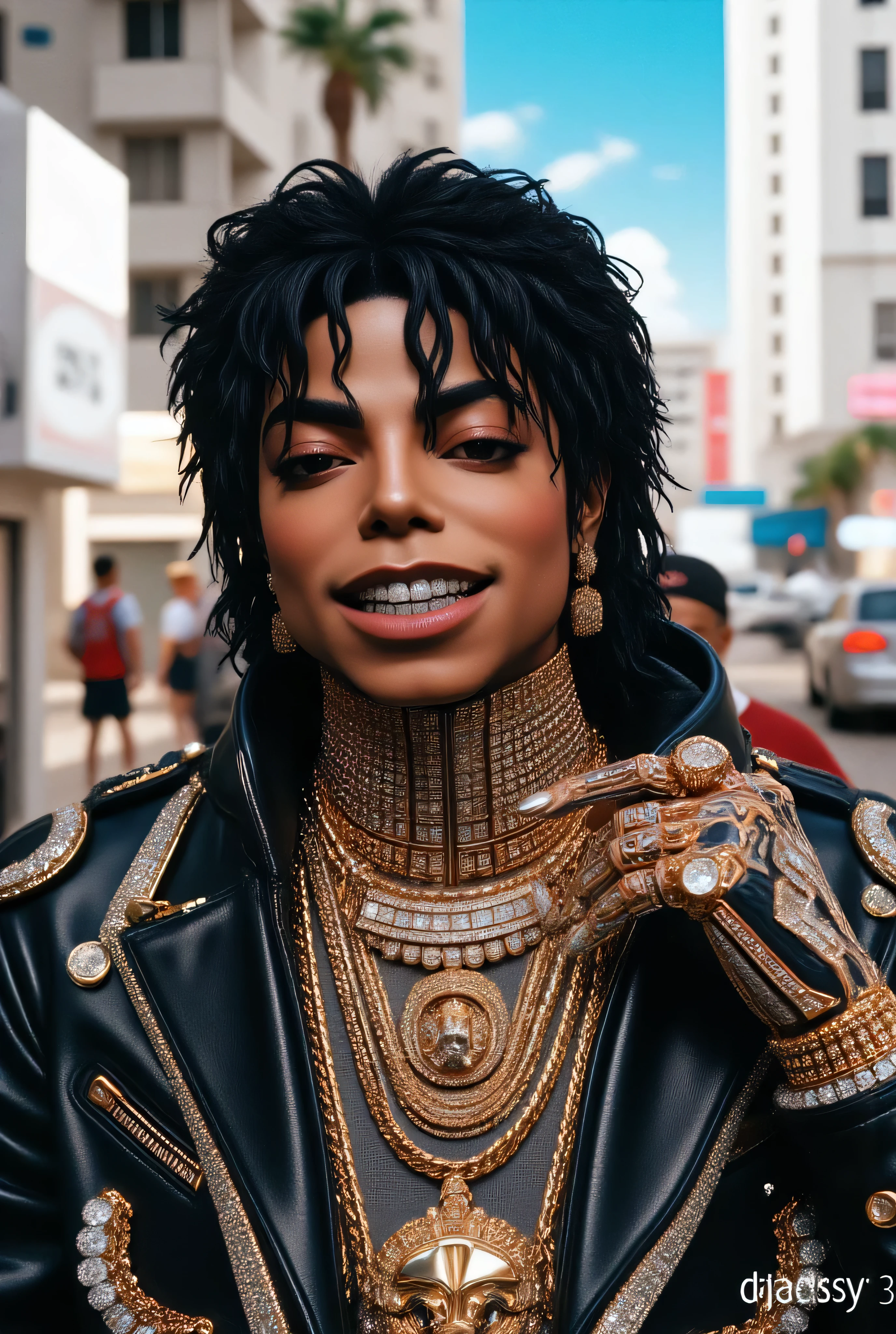 Gr!llz, a Hyper-realistic Ultra-detailed portrait front photo of Michael Jackson in the year 1987 billie jean video Hairstyle smooth criminal Hat ::7.2 as a rapper wearing Streetwear, hairstyle like on the 1987 video, standing on a sunny miami street. His body is a perfect blend of human and machine, with one side organic and the other composed of advanced robotic parts. His iconic hairstyle curl from 1986. He stands confidently, l, sitting in a Meecedes flying vehicles::8.4 . The atmosphere is a mix of futuristic and retro, capturing Michael Jackson’s timeless style in a sci-fi world. Created Using: high-definition photography, detailed cyborg design, miami Beach, (8k, RAW photo, photorealistic:1.25) ,( gloss-face, glossy skin, best quality, ultra highres, depth of field, chromatic aberration, caustics, Broad lighting, natural shading) looking at viewer with a serene and goddess-like happiness, (top-quality、in 8K、32K、masterpiece)、(Photorealsitic:1.4)、Downtown District Background、Backlight effect、depth of fields,blurry backround,(top-quality、8K、32K、masterpiece)
Y