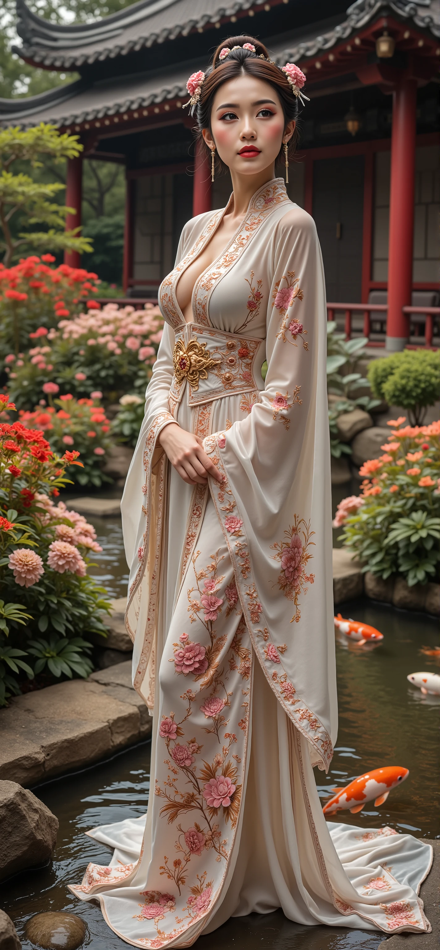 an ultra photo realistic full body image of a beautiful supermodel Chinese woman wearing traditional Qing Dynasty costume with intricate patterns, standing in a garden temple surrounded multicolor flowers, plants and ponds with hungry Koi carps, hdr, realism, deep brown eyes, big eyes, dimples, small sharp nose, gigantic breasts, cleavage, big ass, slim waist, hourglass figure, red lipstick, light makeup, rosy cheek, face turned to one side looking up,