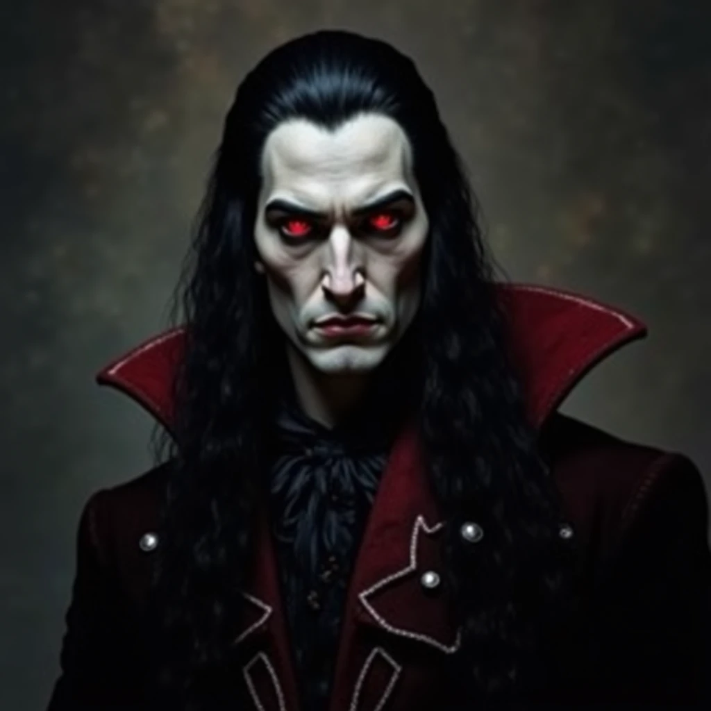 A majestic and stately vampire,  about 30 years old , translucent pale skin, piercing red eyes and long, smooth black hair. Bring a dark velvet coat with silver or red details. His presence is intimidating and carries an air of mystery and power. 