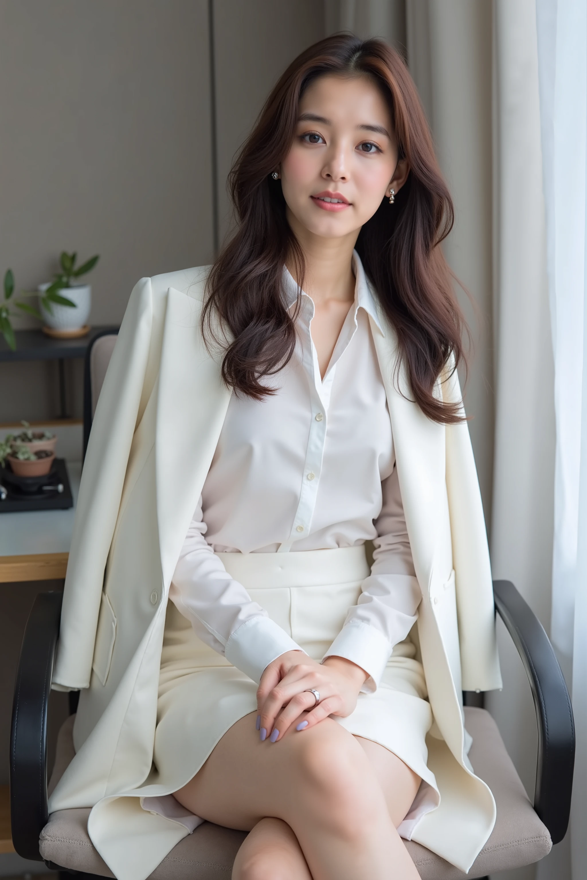masterpiece, 8k, photorealistic, most beautiful Japanese woman, white business suit, ((white blouse)), (white jacket), (white skirt), upskirt, sitting on the chair, seductive pose, full body, modern office, slender