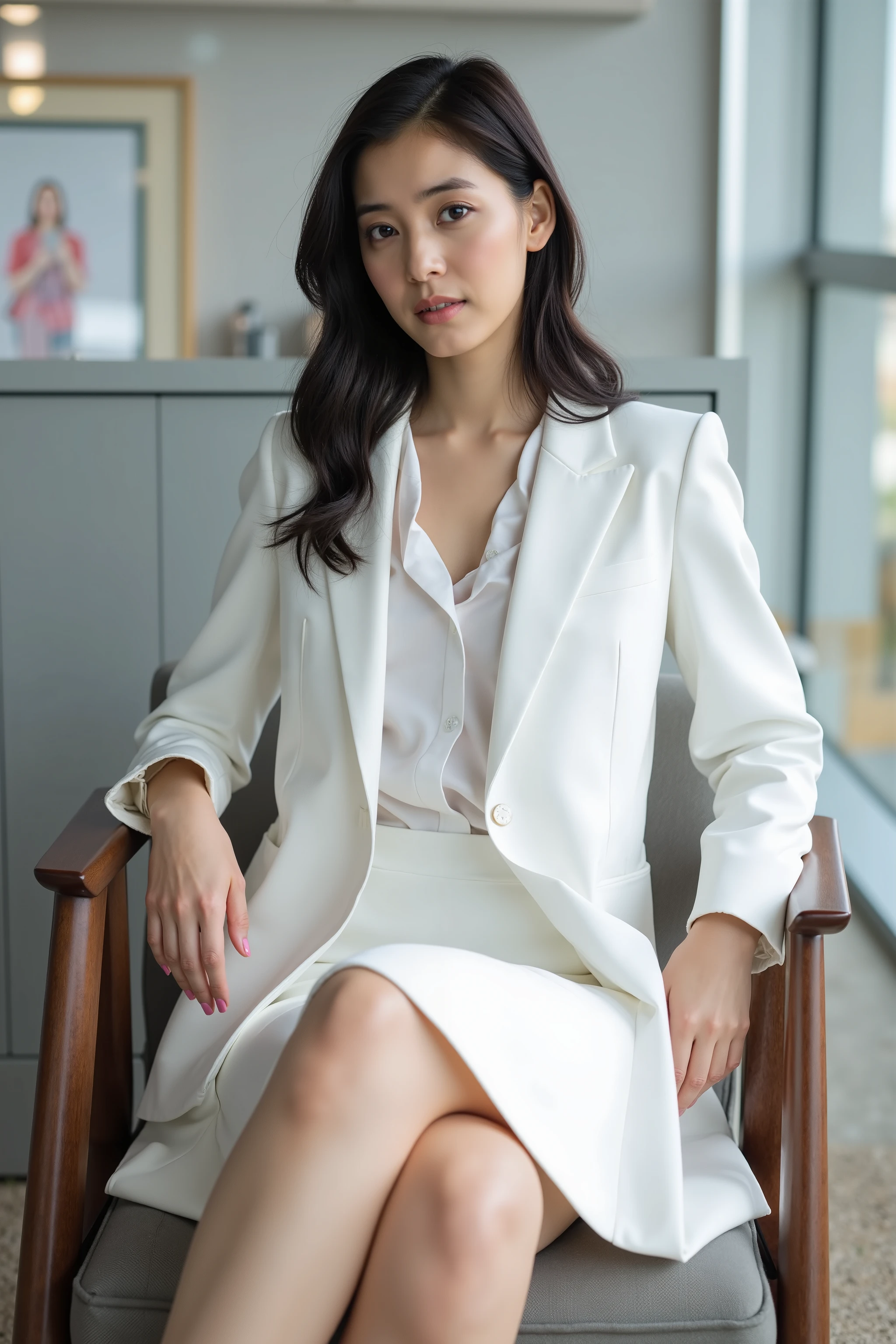 masterpiece, 8k, photorealistic, most beautiful Japanese woman, white business suit, ((white blouse)), (white jacket), (white skirt), upskirt, sitting on the chair, seductive pose, full body, modern office, slender