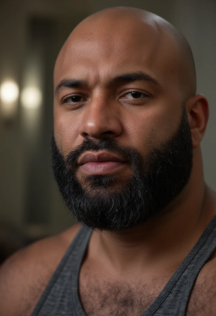 1boy, African American, solo, facial hair,34 yrs old, dom, male focus, flaccid , bald head, bara, muscular, matur, muscular male, beard, short hair, large pectorals, thick eyebrows, dark-skinned male, erection, trection under clotcy suit, dark skin, tie, tight white shirt, open jacusiness suit, cop agent uniform, feet out of frame, thick thighs, looking at viewer, masterpiece, 4k, high quality, highres, absurdres,