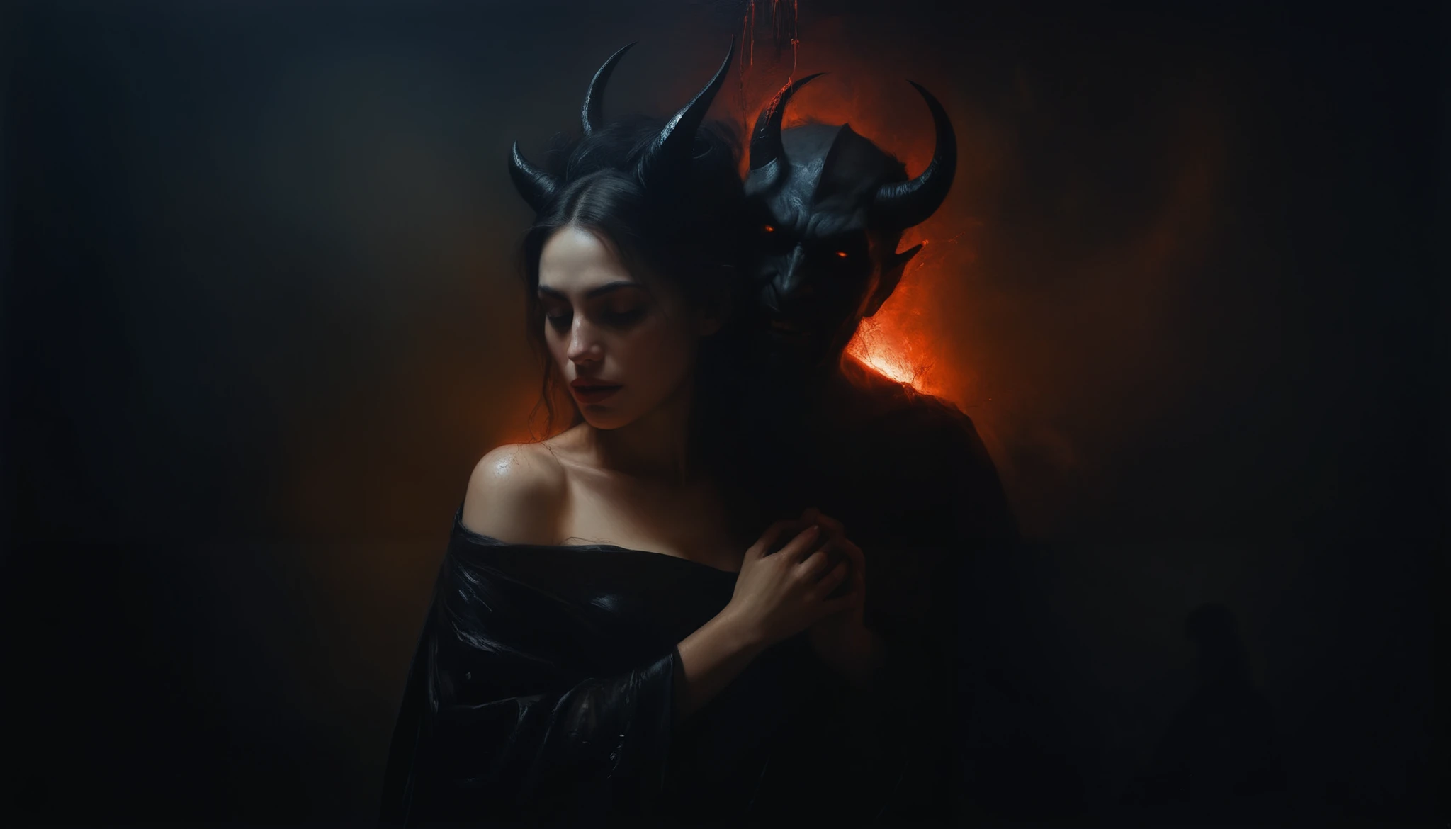 painting of a beautiful woman is carefully hugged by a demon, dark atmosphere, cinematic scene, volumetric lights, ultra realistic, in the style of nicola samori