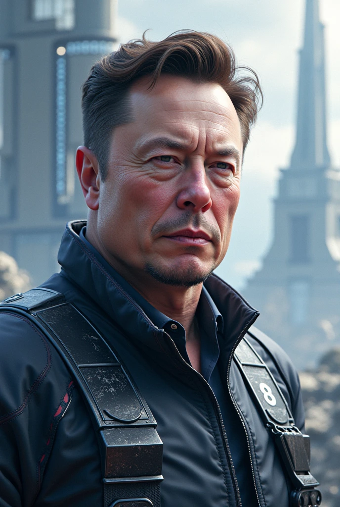 masterpiece, best quality, elon musk, wearing cyberpunk costume, very muscular, athletic, huge, gray hair, gray hair, scars, warrior, barbarian, sfw, 55 years old, futuristic dystopia