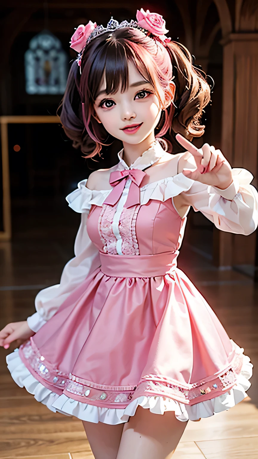 Adorable pink-haired baby aristocrat girl, Rich curly hair and large ribbon, pink mini medieval dress with heart pattern, Cute princess wearing a rose-shaped brooch, Luminous eyes and big cheeks, Fun pose at a martial arts hall with warm sunshine, Fresh and sweet atmosphere