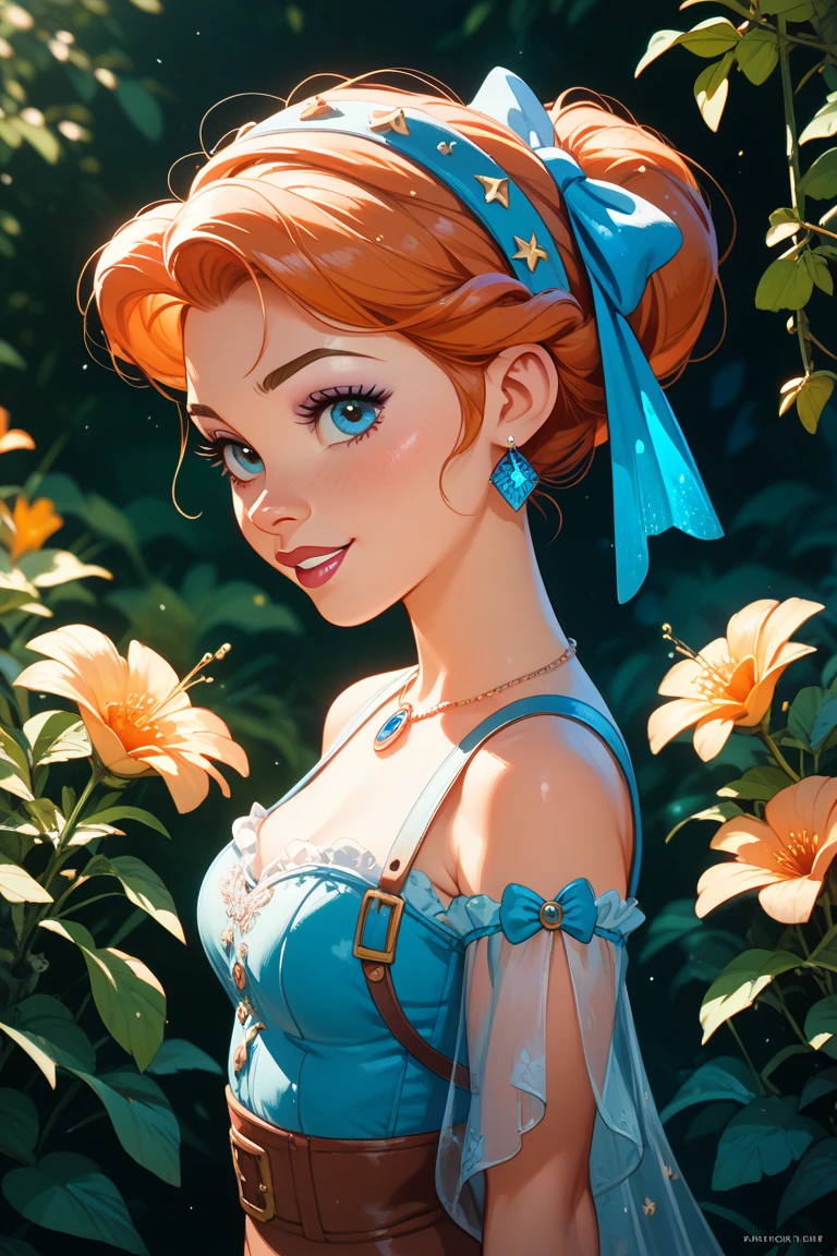 score_9, score_8_up, score_7_up, 1girl, , blonde hair, flowers, disney, source_cartoon, green eyes, red kimono, off shoulder, looking at viewer from behind  expressiveH 