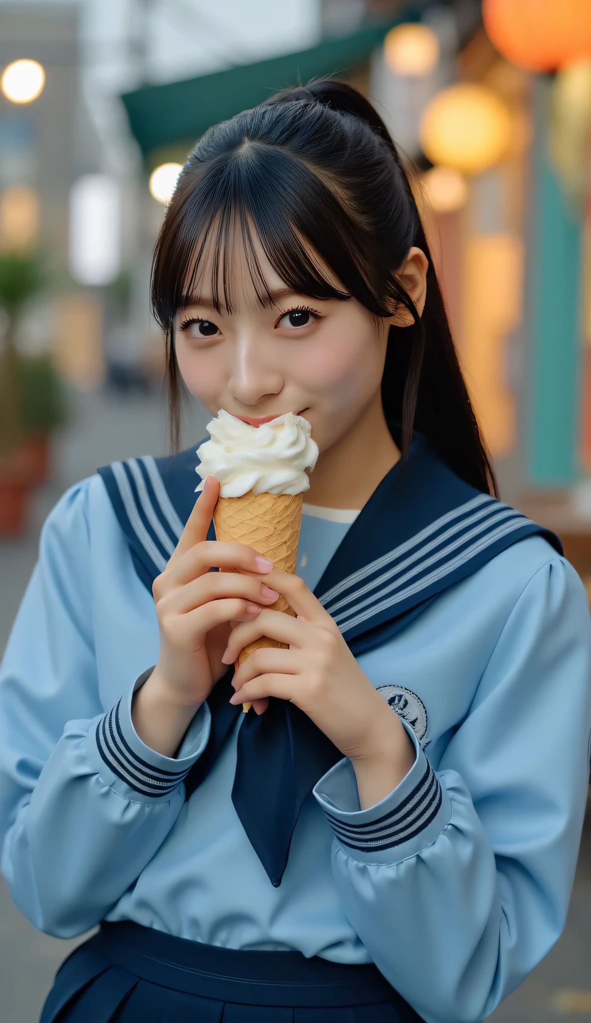 woman, high image quality, masterpiece, accurate, anatomically correct, 最high quality DVD, High detail, high quality DVD, high image quality model, textured skin, Ultra-fine, hair, ponytail、smile, Portrait Photography, photo quality 、school uniform、Women's College、 20th generation、sailor suit、the soft serve ice cream is dripping down my hands、the soft serve ice cream has melted slightly and is dripping down my hands、Around town、Shopping street at dusk、I'm sitting on the sidewalk