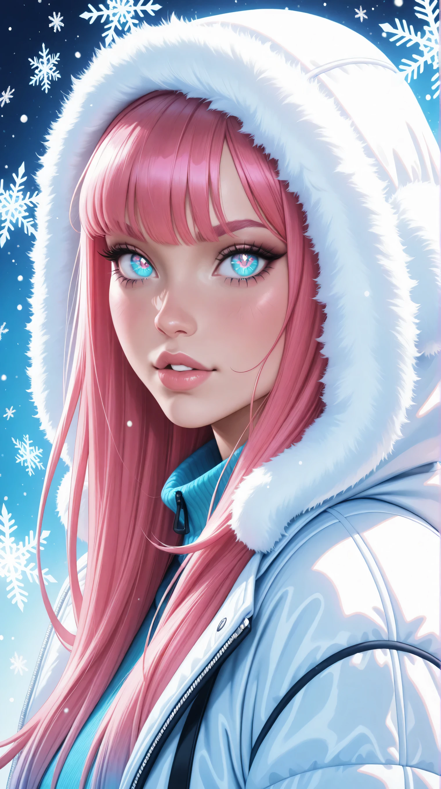 (TangoBat:0.7),(Sakimichan:0.7), A stylized anime portrait of a girl with vibrant pink hair, large expressive eyes, and a soft, fluffy white winter jacket with hood, set against a light-blue background scattered with snowflakes, and showing a pastel, dreamy color palette, using bold line art and gradient shading, recreating the visual aesthetic of the original picture,masterpiece, best quality,absurdres