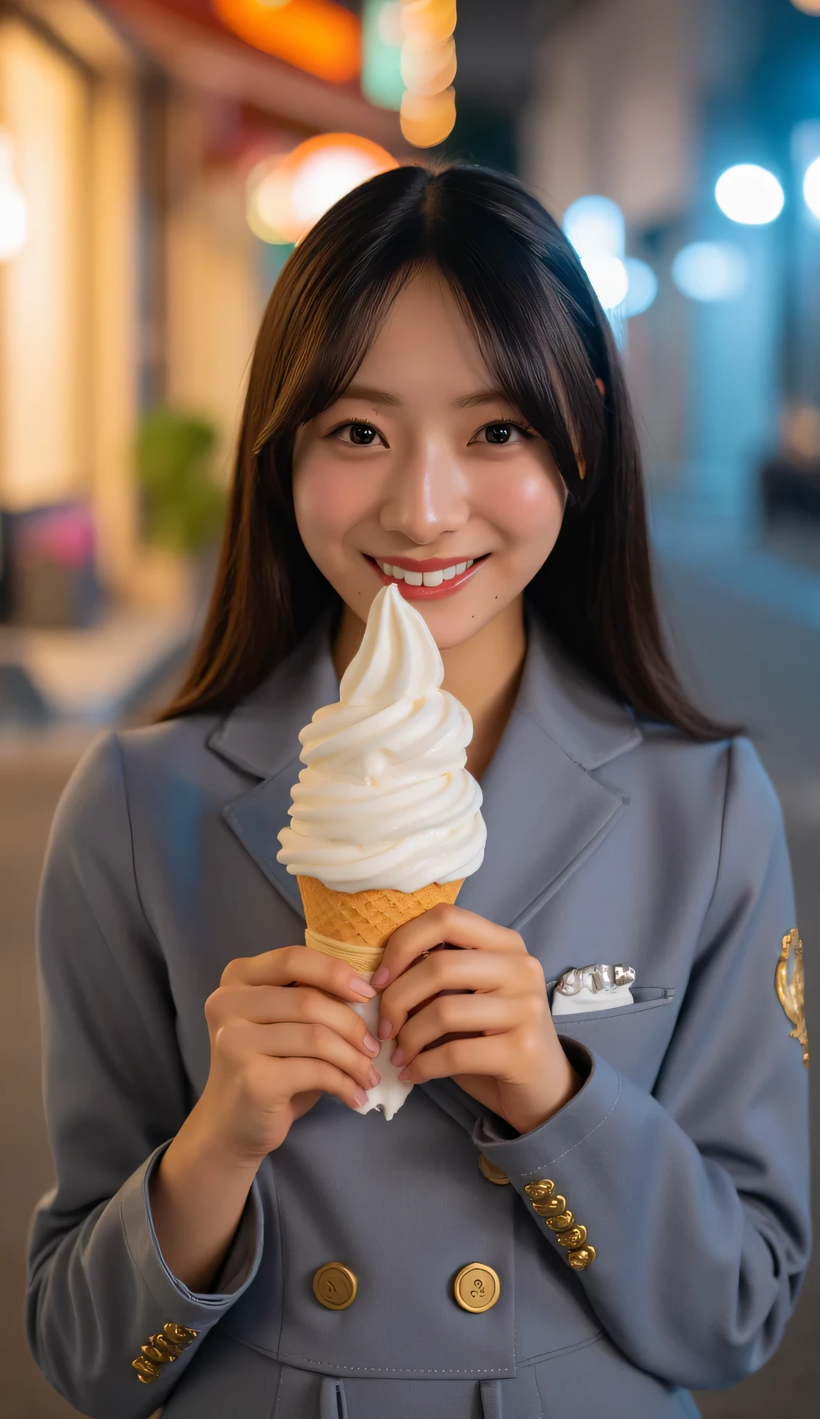woman, high image quality, masterpiece, accurate, anatomically correct, 最high quality DVD, High detail, high quality DVD, high image quality model, textured skin, Ultra-fine, hair, ponytail、smile, Portrait Photography, photo quality 、school uniform、Women's College、 20th generation、sailor suit、the soft serve ice cream is dripping down my hands、the soft serve ice cream has melted slightly and is dripping down my hands、Around town、Shopping street at dusk、I'm sitting on the sidewalk