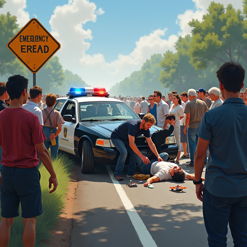 Neighborhood street with crowd next to yellow ribbons, prohibiting passage in front of car accident, two police officers, police car lights and an ambulance with two bodies of a girl and a woman covered with black bags