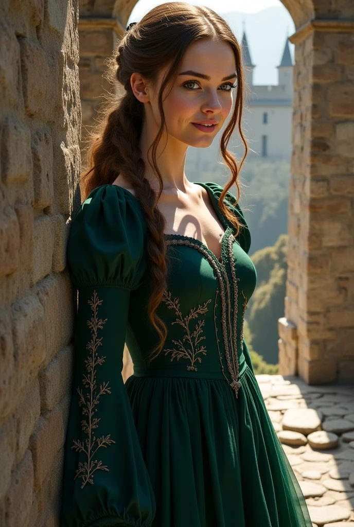 An extremely attractive 20-year-old woman with curly hair and green eyes, wearing a sexy medieval outfit. The surroundings are lush, green forest in the background, creates a fairytale atmosphere. Ihr mittelalterliches Outfit ist detailliert und historisch korrekt, mit edlen Stoffen und aufwendigen Designs, that are typical of the era. Der Gesichtsausdruck der Frau ist gelassen und selbstbewusst, It captures its beauty and the essence of the medieval theme