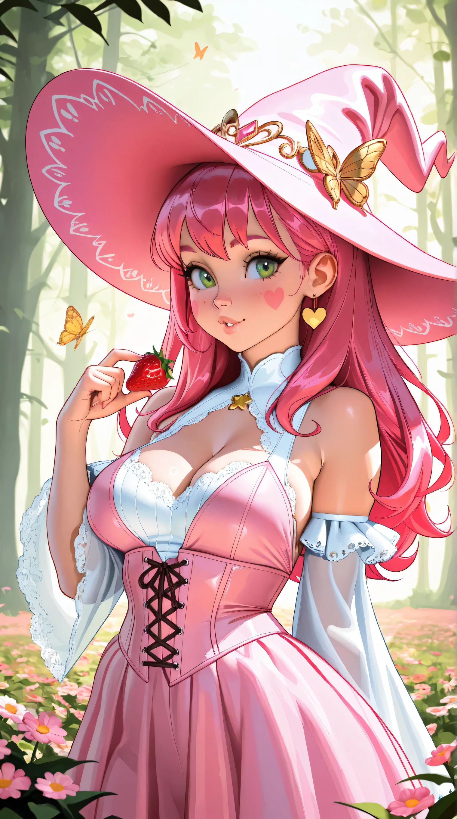 Poppuri's full body image Characters from the game Haves Moon young woman bright smile Hair length to mid-length, wavy, pink. green headband Long red dress, strapless, showing off her plump, white C cup breasts. Lift up the skirt to reveal beautiful, white, slender legs. The picture is beautiful, clear, and realistic.