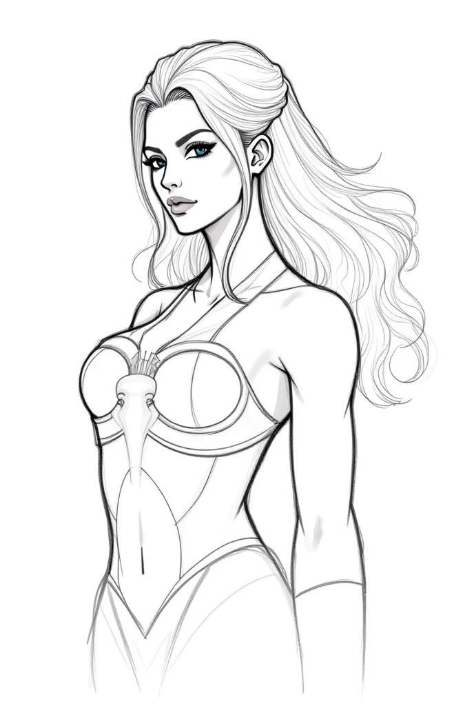 Coloring book for adults. Only black and white. low detail only main line. beautiful sensual nude and erotic woman with massive breasts. The breasts are not covered by anything. white background. white colors. full body view of blonde woman. (Ultra detailed:1.3) ((((best quality))) ,