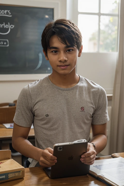 Teenage boy studying in manga style mechanics school 