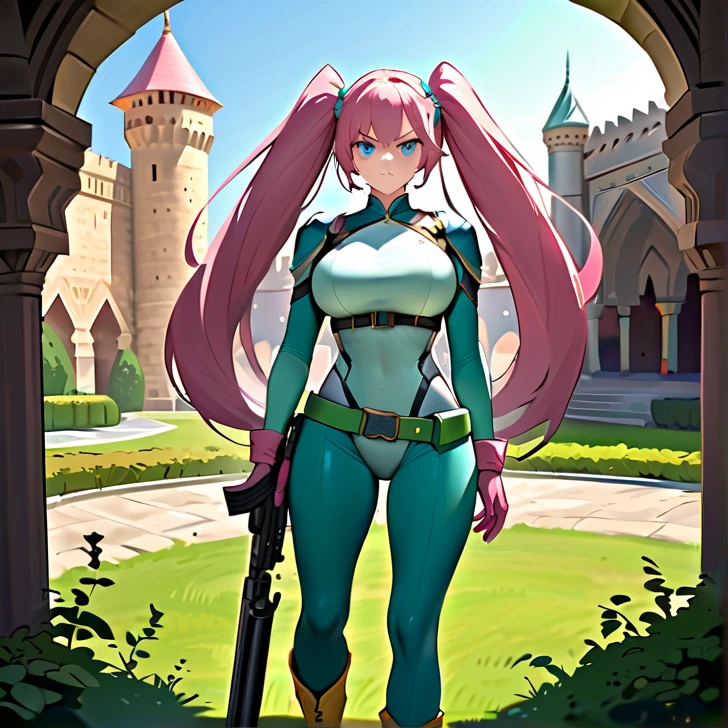 layer_megamanx, 1girl, solo, long hair, purple hair, green eyes, blunt bangs, hair over eyes, large breasts, dark skin, dark-skinned female, android, underboob, robot ears, high quality, masterpiece, standing next to a swamp and castle surrounded by mist, outdoors, tree, solo, from behind, bird, facing away, scenery