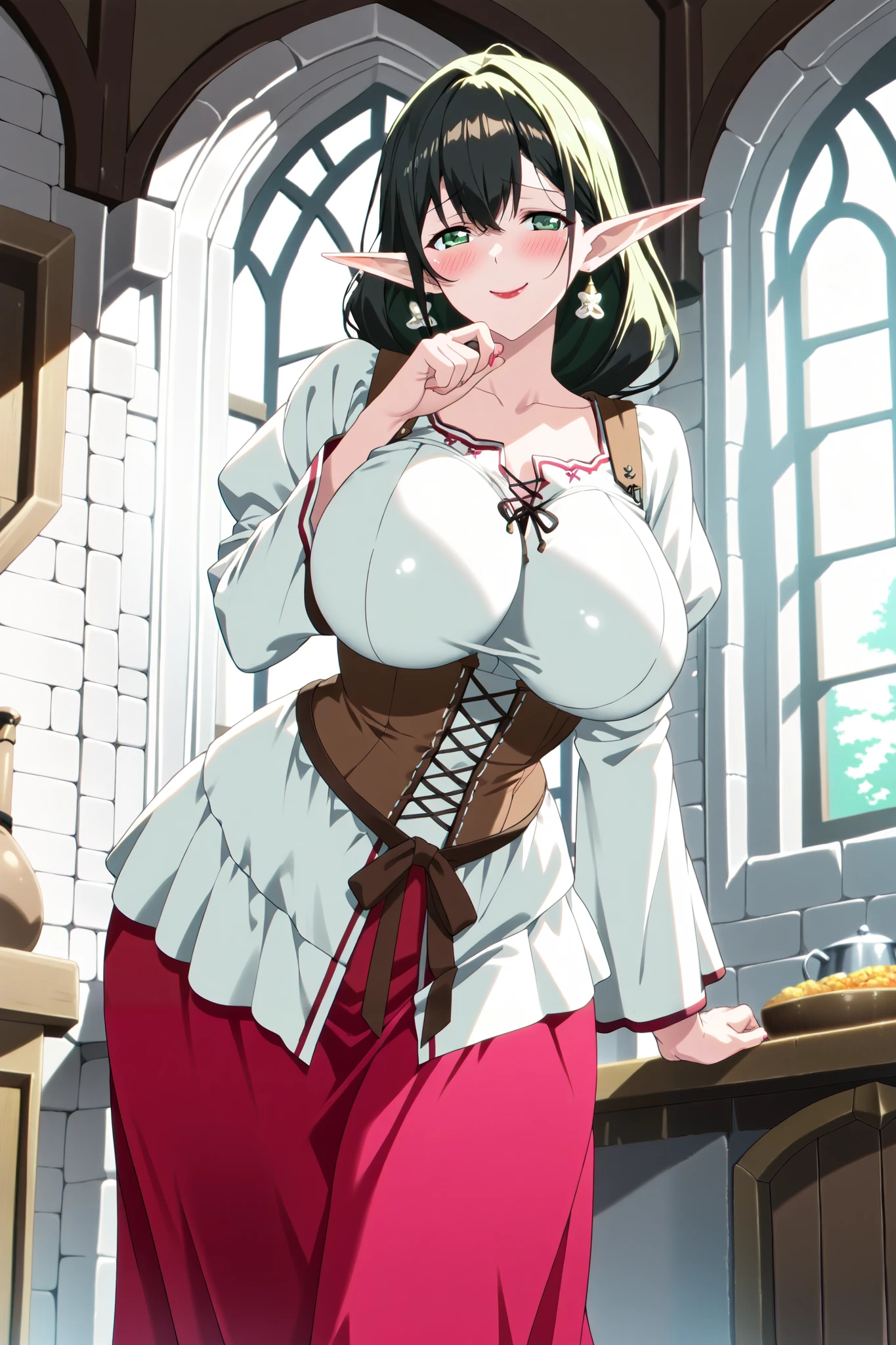1 girl, Mature female elf , elf ears, Mature woman, black hair, Cabelo Longo, green eyes, (Pretty Eyes), Sweet expression , red lipstick, (sweet smile pajamas: 1.4), medium breasts, seios flácidos de Mature woman, (white medieval tunic: 1.5), (wide brown medieval skirt: 1.5), thin waist, thin hips, (shy pose: 1.3), (best quality: 1,5), (High details: 1,5), (anime art style: 1,5), score_9, score_8_above, score_7_above, score_6_above , score_5_above , score_4_above.