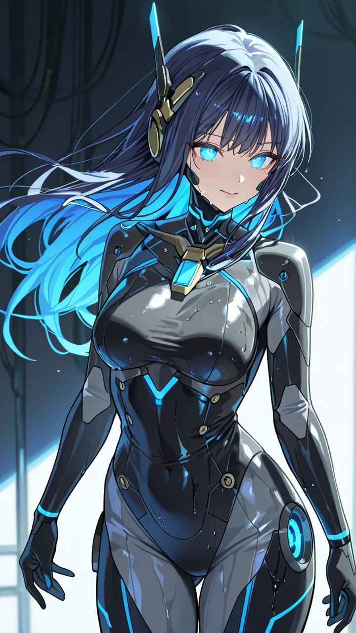 Top quality master piece,8K Ultra High-Quality, ultra-detailed, High quality, 18 year old girl, smooth color, Dark Blue hair, Neon Blue Inner layer hair, blue glowing eyes, Long hair, Headset, Glasses, cat girl, neon blue halo, Neon Blue wings, two floating blue cyber katanas, Neon blue glow Cyber armor, Neo blue Leotard style armor, crotch protection, Neon blue shoulder armor, armored tights, sparks of blue energy or floating magical symbols, camelteo, floating posture