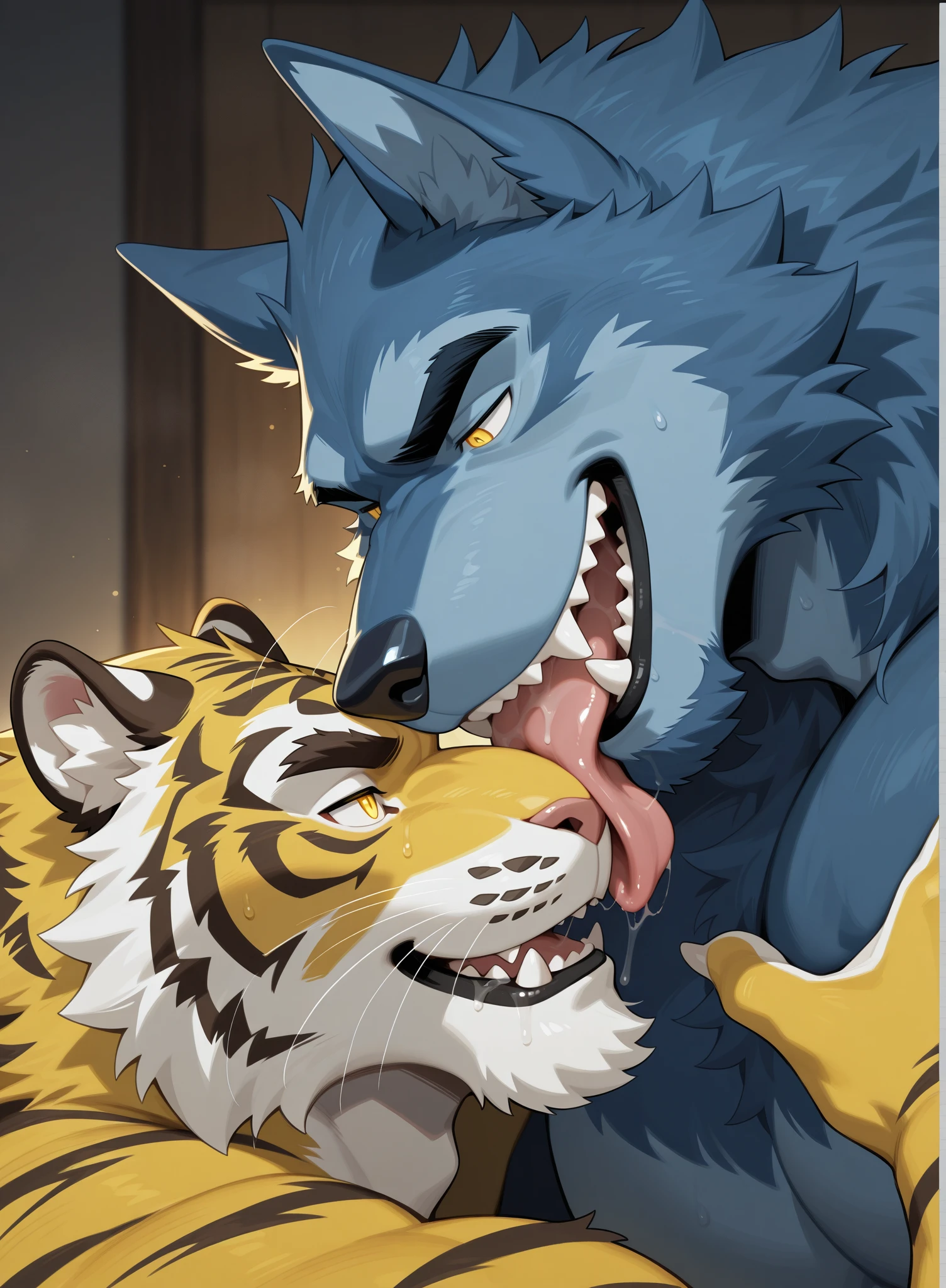 there is a very well hung white tiger who is getting his dick sucked by a shorter grey dog, absurdly massive big and thick pinkish white cock, fellatio, nsfw, porn, rough