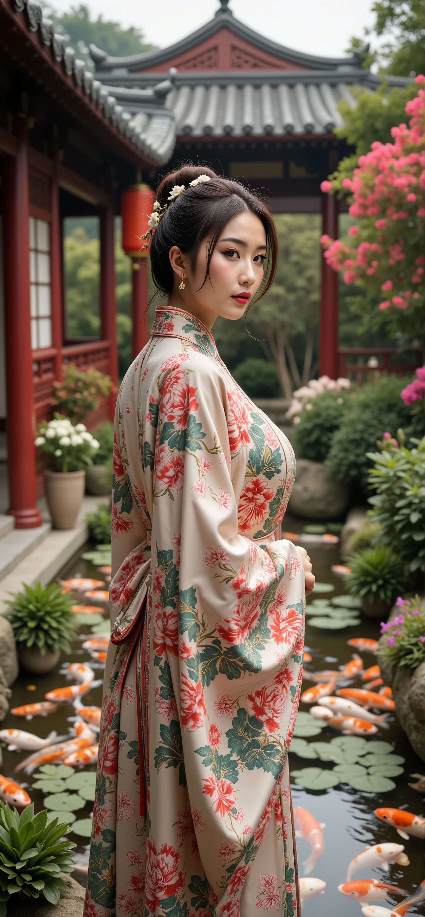 an ultra photo realistic full body image of a beautiful supermodel Chinese woman wearing traditional Hanfu with intricate patterns, standing in a garden temple surrounded multicolor flowers, plants and ponds with hungry Koi carps, hdr, realism, deep brown eyes, big eyes, dimples, small sharp nose, gigantic breasts, cleavage, big ass, slim waist, hourglass figure, red lipstick, light makeup, rosy cheek, back view face turned to one side looking down,