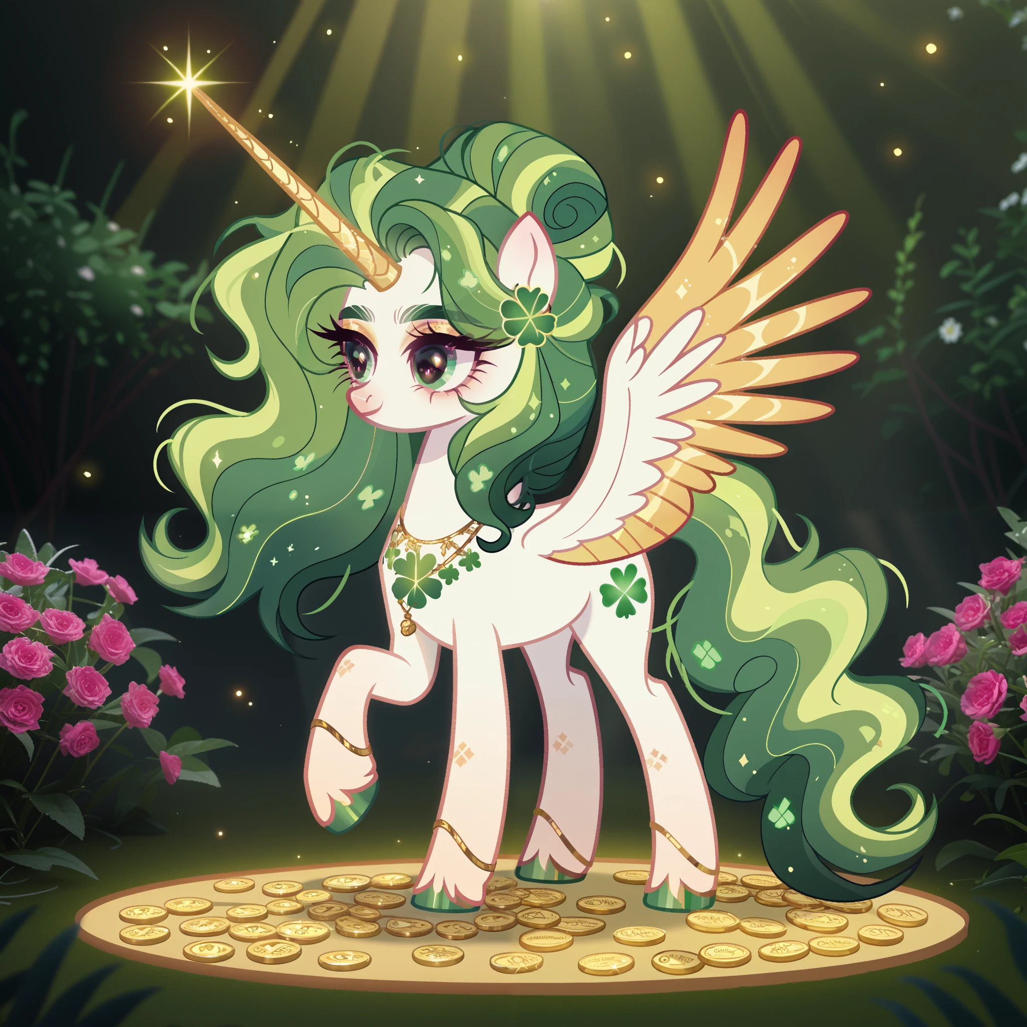 score_9, score_8_up, score_7_up, score_6_up, score_5_up, score_4_up, show accurate, full body, detailed background, feral pony, female pony, regal and enchanting appearance, original character, alicorn with a golden horn and large golden-feathered wings adorned with green clover patterns, pure white body with intricate golden swirls and shimmering highlights, emerald green flowy mane and tail decorated with small pink flowers and clovers, polished golden hooves, radiant and magical presence, glowing green gemstone necklace in the shape of a clover, majestic pose, captivating emerald eyes, intricate detailing, glowing aura of magical sparkles and rainbows, subtle and refined shading,
High Resolution, bright mystical forest environment with vibrant green hues, daylight with magical sparkles, surrounded by gold coins, clover-shaped ornaments, and a pot of gold, rainbow in the distance, lush greenery with clovers, atmospheric lighting, enchanting and whimsical setting, graceful and powerful pose, smooth harmonious composition, score_9, score_8_up, score_7_up, score_6_up, score_5_up, show accurate, full body, detailed background, feral pony, magical and radiant appearance, original character, alicorn with a glowing golden horn, white body with intricate golden patterns, emerald green flowing mane and tail, adorned with delicate pink flowers, polished golden hooves, majestic and ethereal expression, bright and divine vibes around character, clean and vibrant shading, enchanting and festive appearance, large, expressive teal eyes, accessorized with golden clovers, necklaces with dangling ornaments, and a golden shamrock-shaped chest piece, High Resolution, fantasy-themed environment, glowing foliage, piles of golden coins, rainbow in the background, soft magical aura, vivid green grass, colorful flowers, no scarf, proud and regal pose, sunlight beams enhancing golden tones, vivid sparkling magic effects, charming mythical atmosphere.