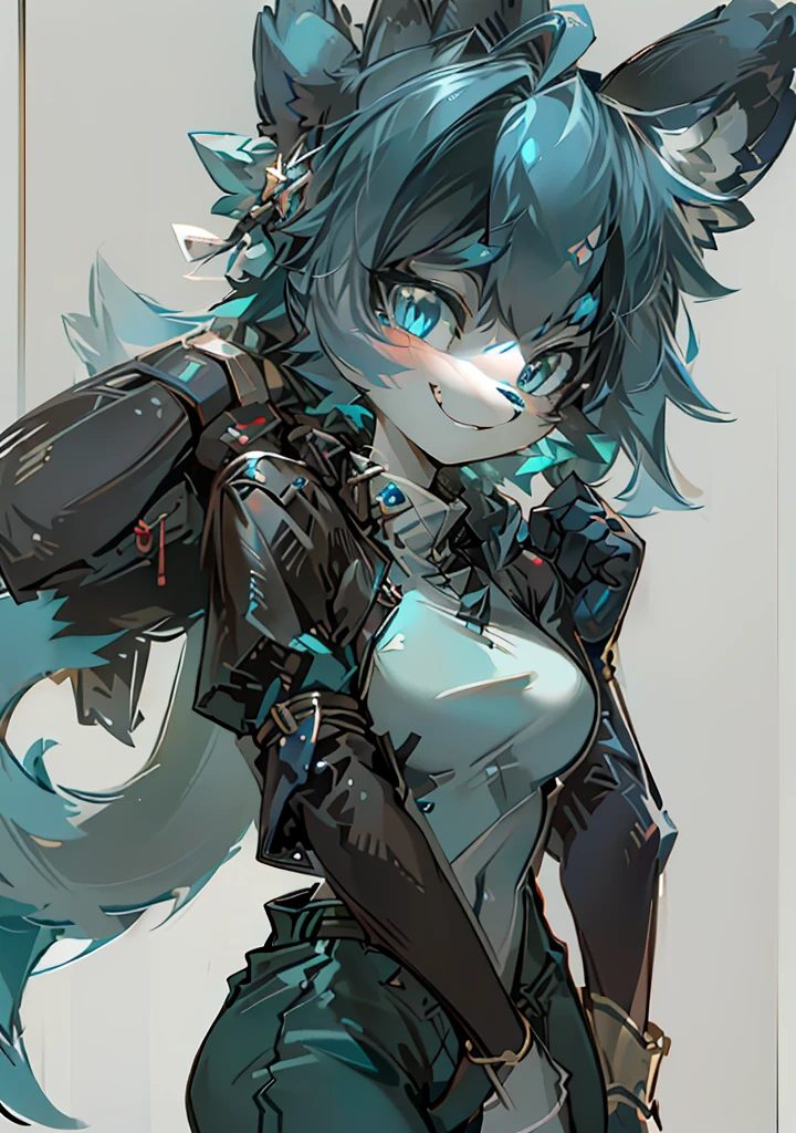 young girl, Short gray hair, Cat ears, High ponytail, Violet eyes, Black leather tight-fitting top, White puffy sleeves, Black skirt, pantyhouse, Turquoise cloak, Open breasts, Masterpiece, hiquality