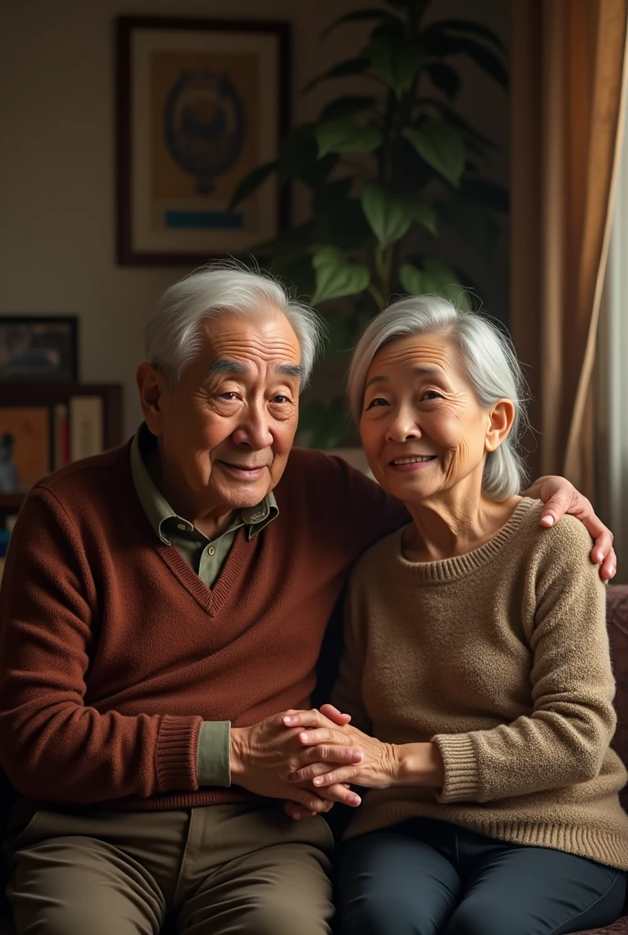 ((Best Quality, in 8K, masutepiece: 1.3)), Smiling woman about 80 years old and her husband,Whitish high-key living room,sofas,modern Japan