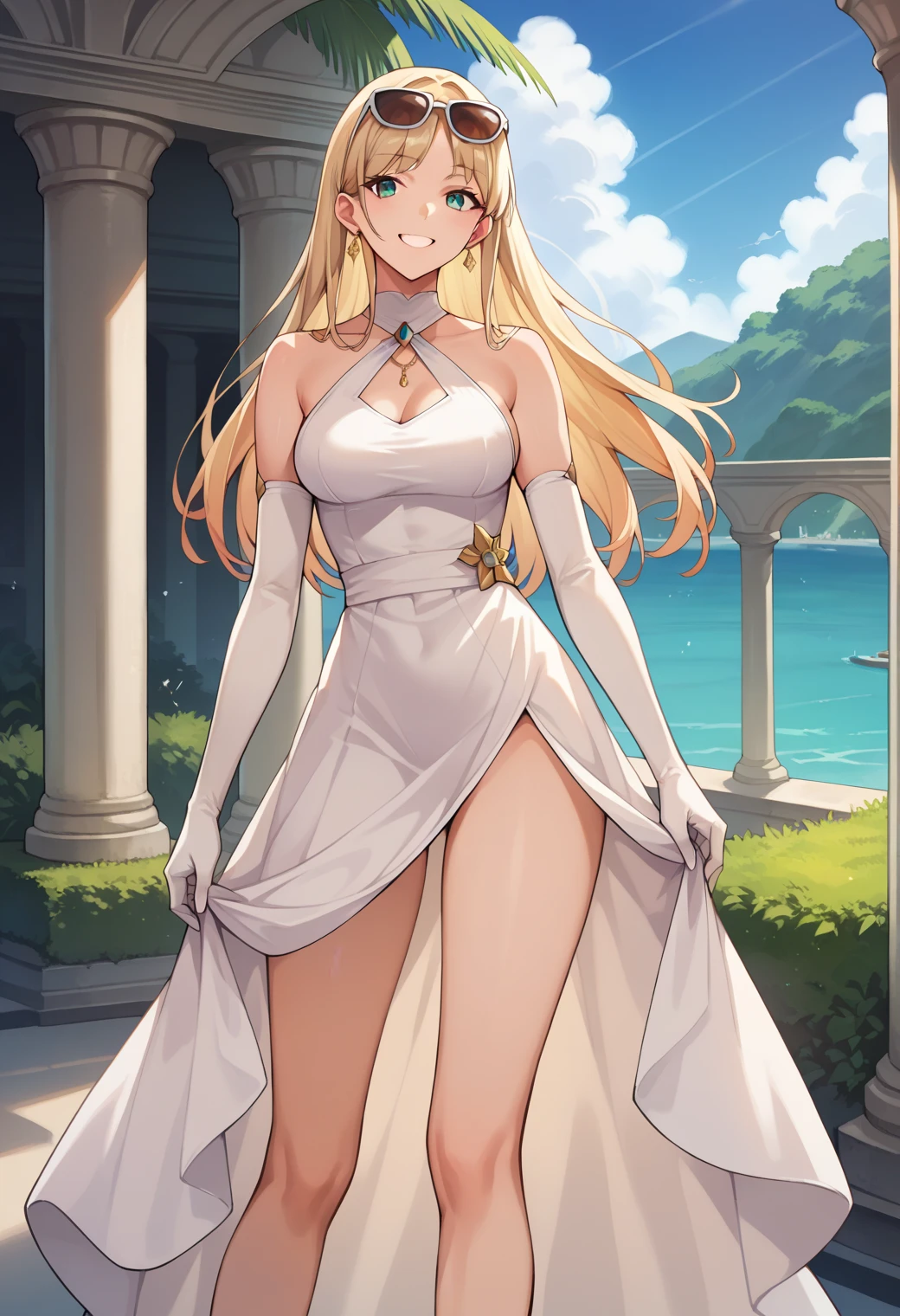 I would like an image of a white elf woman, Madura, voluptuous and curvy, with blonde hair and green eyes. must be full body, wearing a nearly transparent white dress in anime style.