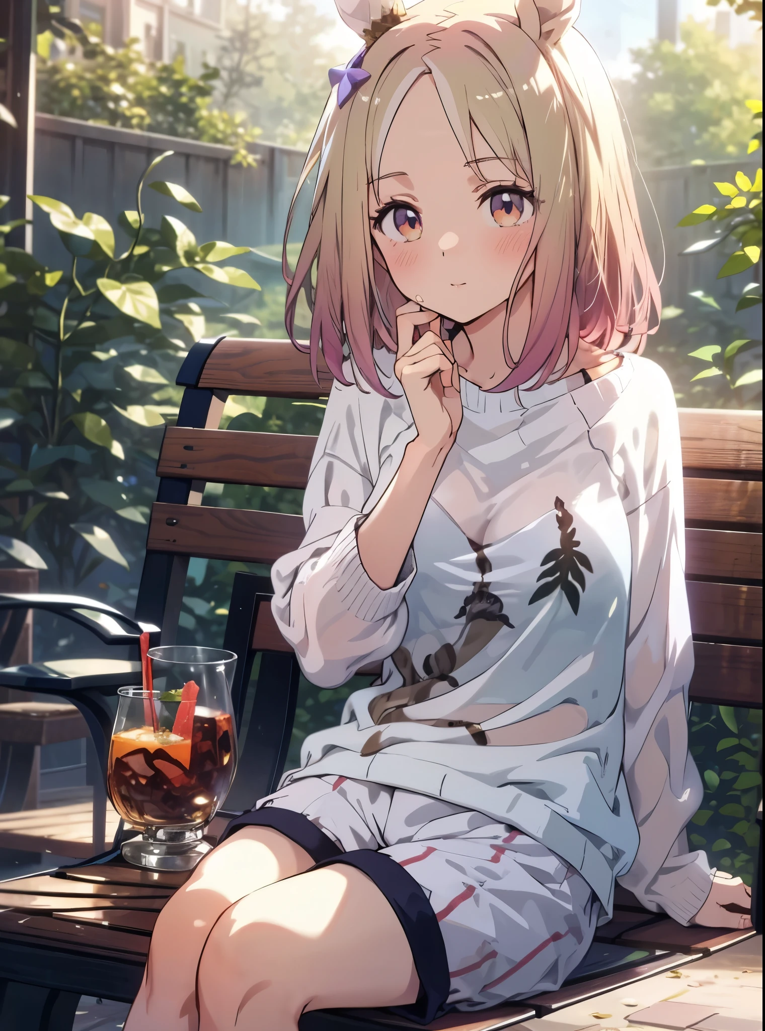 Narita Top Road \(Uma Musume\), 1 girl, Alone, anime style,cute girl,best quality, super detailed, anime style,8k, high resolution, detailed face, Upgraded images of characters,looking here,((Clear Face)),(I'm dyeing my cheeks a little red),(white sweater),(orange mini loungewear shorts),((In a wooded park)),(bench with whiskey in one hand),Above the knee images,seen from an oblique front,(smooth thighs),Lunch time