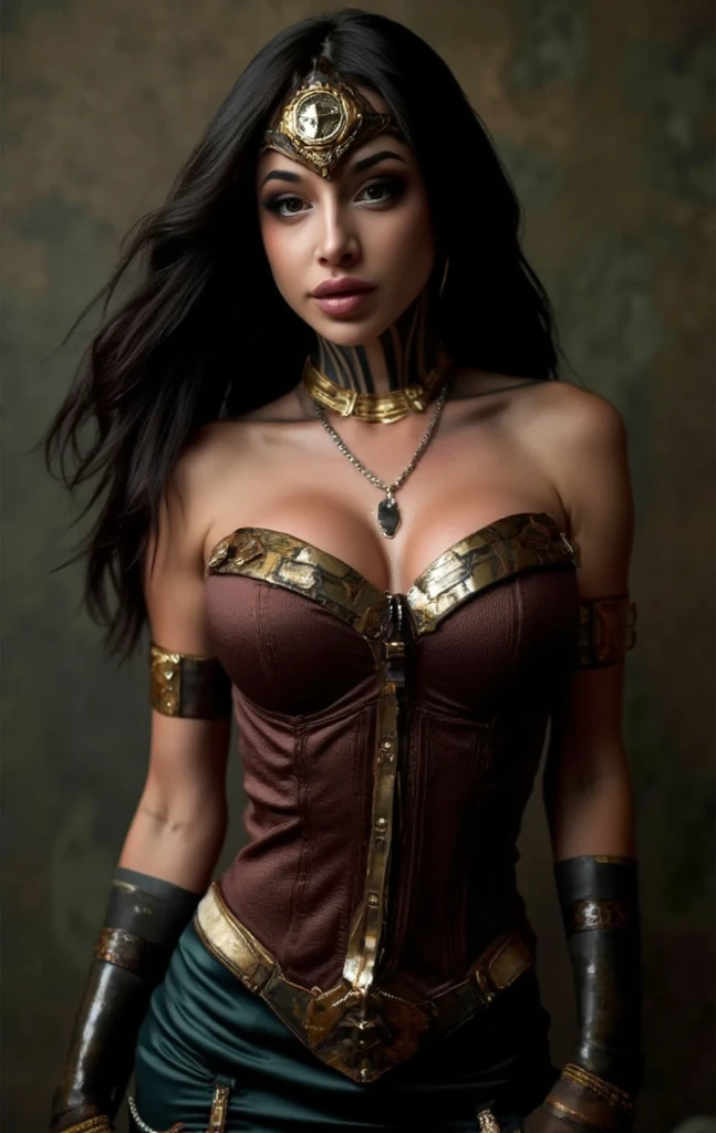 A photograph of Cleopatra with natural skin, short and voluminous black hair, sharp eyes with blue eyeshadow, a thin and upturned nose, shapely lips, an hourglass body shape, typical clothes, and makeup, intricately maximalist-detailed, vibrant, epic, smooth, cinematic, 4K, backlit, fantasy desert background, and a shallow depth of field.