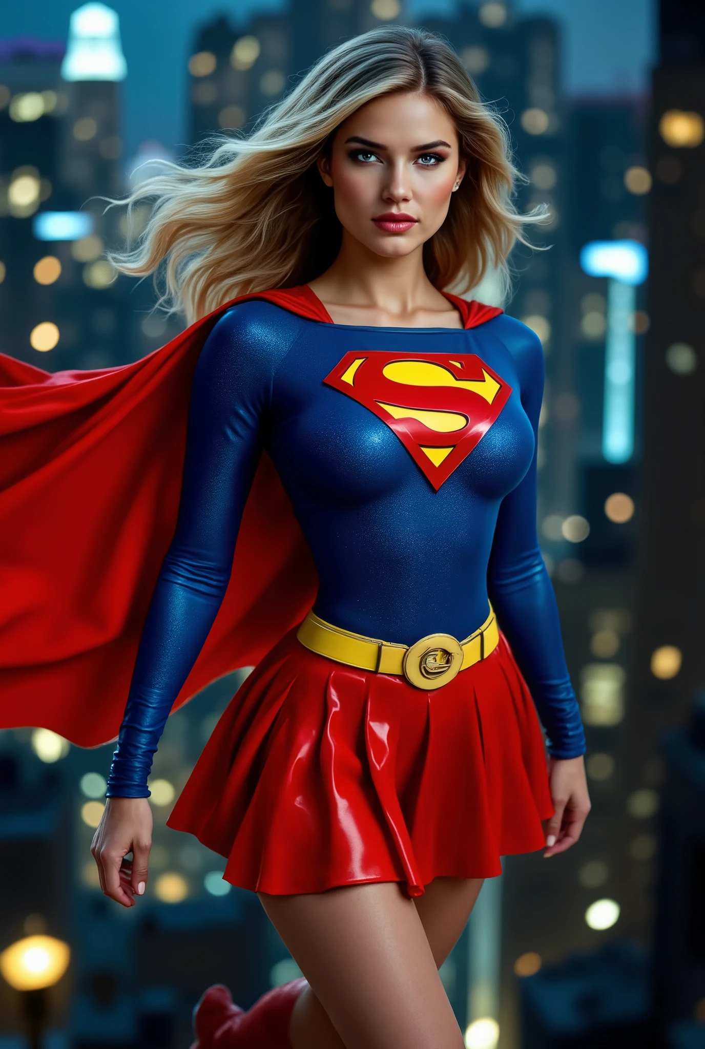 Supergirl in classic costume, long sleeves, closed shoulders.
(latex)- red pleated skirt, yellow belt with a buckle, blue top with a logo on the chest. big breasts, standing in a sexy pose on all fours. flying through the city at night