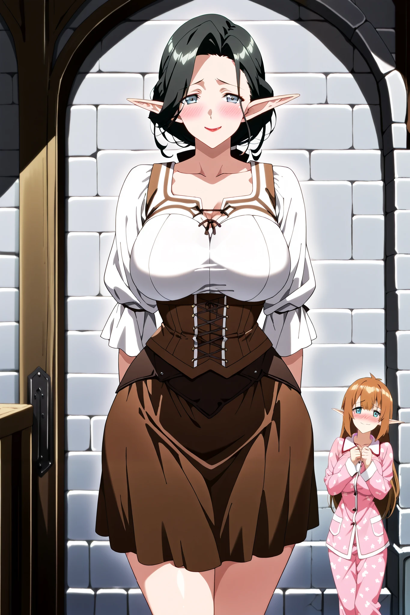 1 girl, Mature female elf , elf ears, Mature woman, black hair, Cabelo Longo, light blue eyes, (Pretty Eyes), Sweet expression , red lipstick, (sweet smile pajamas: 1.4), medium breasts, seios flácidos de Mature woman, (white medieval tunic: 1.5), (wide brown medieval skirt: 1.5), thin waist, thin hips, (shy pose: 1.3), (best quality: 1,5), (High details: 1,5), (anime art style: 1,5), score_9, score_8_above, score_7_above, score_6_above , score_5_above , score_4_above.
