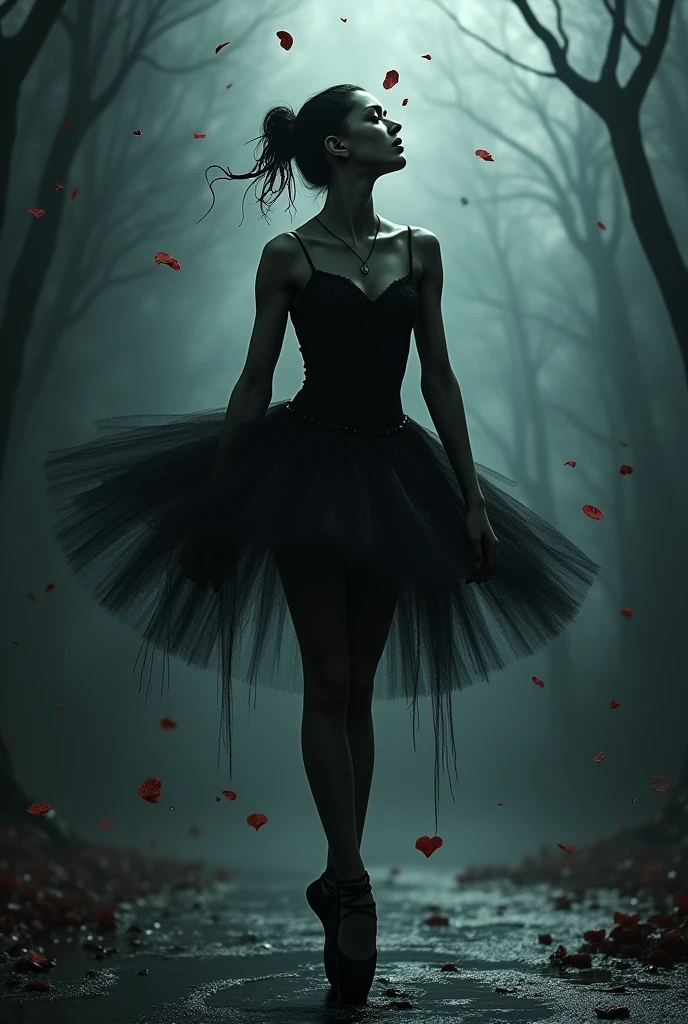 Create a haunting spectacle as shadows dance and intertwine. A vortex of twisted limbs entwines in a dark and unearthly ballet. Lingering in the shadows, a mysterious figure emerges, adorned in a sinister, ethereal atmosphere.