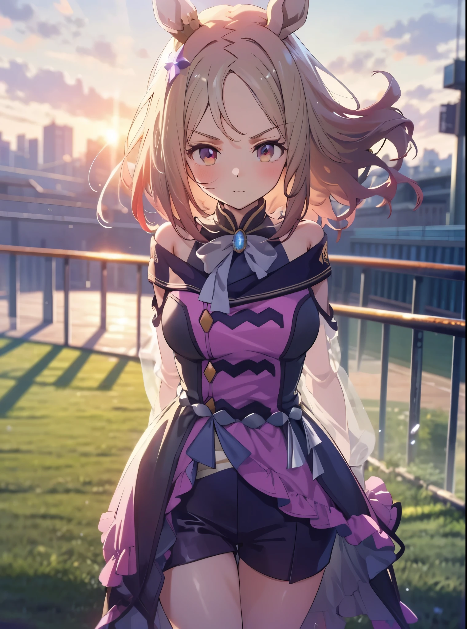 Narita Top Road \(Uma Musume\), 1 girl, Alone, anime style,cute girl,best quality, super detailed, anime style,8k, high resolution, detailed face, Upgraded images of characters,looking here,((serious face)),I'm dyeing my cheeks a little red,(( doing warm-up exercises )),(On the racecourse lawn),evening,(The sunset shines brightly),((Competition clothes)),(smooth thighs),View from the front,((An image that makes you look up from under your feet)),