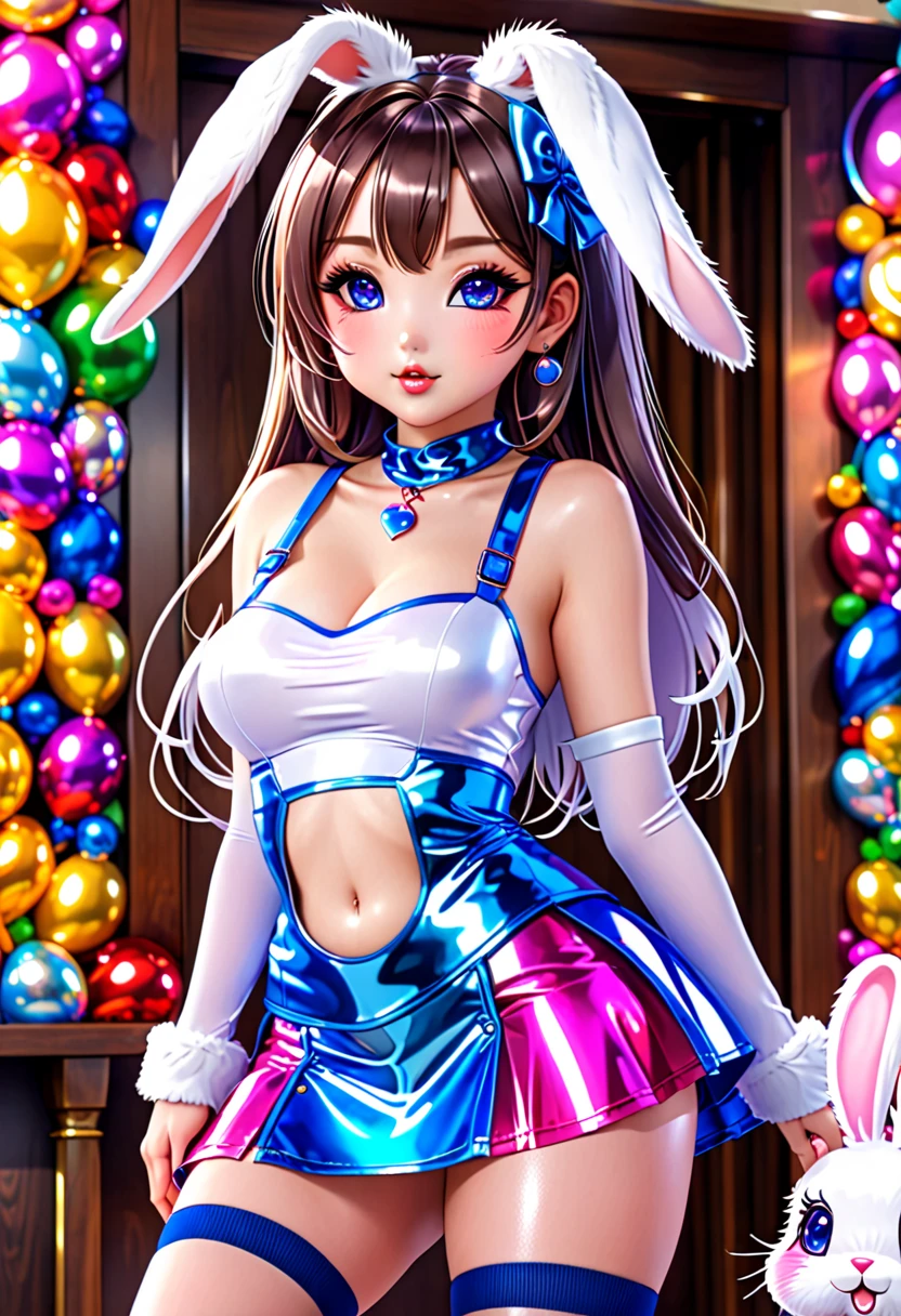 High Definition CG unity 8K Wallpaper), (Highest Quality), (ultra-definition), (The best illustrations), (Highest shadow), POV, Realistic lighting and shading, Natural light, Lens flare effect, BREAK,girl, Cute, Cheerful, Loli face, tareme, gleaming skin, Hugging a stuffed rabbit,
Playboy Bunny, shiny latex leotard, Bunny Years Hair Band, Sitting on the sofa, Open legs wide ,
Happy, great joy, Smile,
(Toy store background, Lots of stuffed animals:1.2),
Absurd solution, Ultra-detailed, Best Quality, --auto