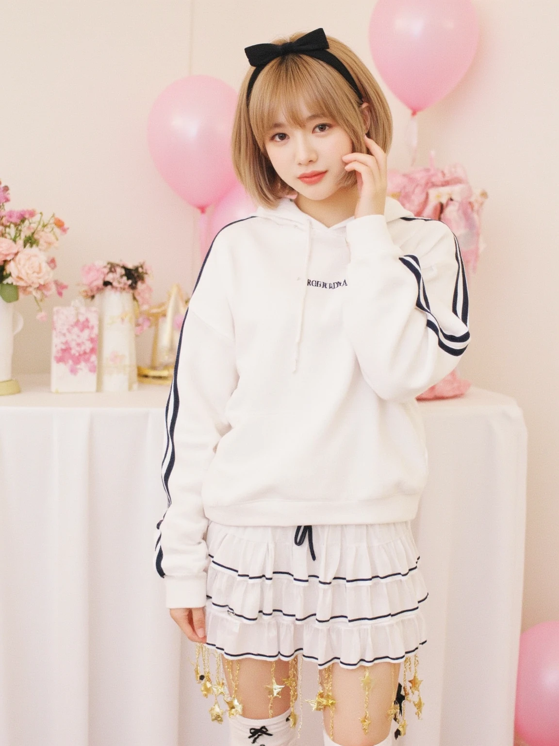 Perfect anime illustration,A girl on a street in a short skirt and a white sweatshirt