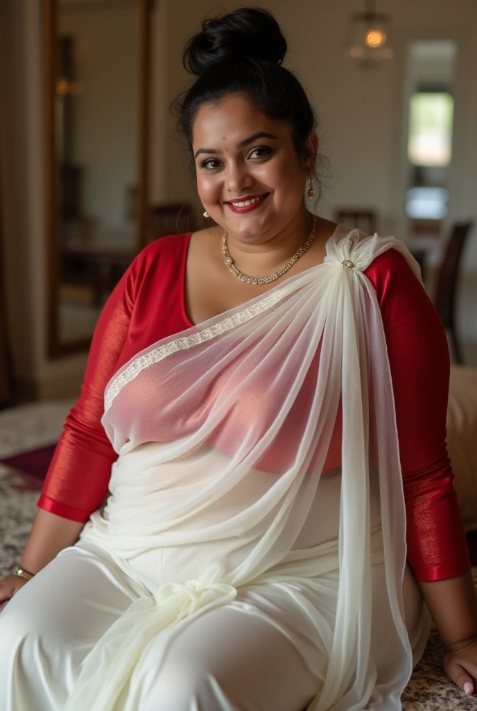 Day scene, full body photo of a plus sized 45 year old indian with a man from top view, (Masterpiece, Best Quality, High Resolution), office Background, (cum Splash on her breasts and nipples, cum Splash on her face, Splash of cum, cum Splash on her blouse, cum Splash on her eys), Sweet 25 year old South indian women sitting on her knees in a crowded party hall with a man, hour glass body red lips, silver colour silky gown, lightly makeup,ultra realistic, realistic, look at viewer (cinematic:1.3), intricate details,