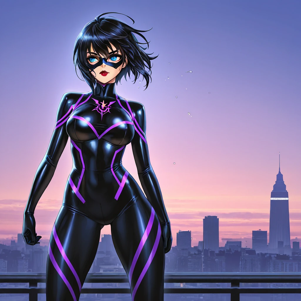 masterpiece, best quality, <lora:ravenTeenTitans2003_ravenV10:0.7>, raven, teen titans, grey skin, high waisted leotard, 1girl, solo, outdoors, sky, closed mouth, full body, (floating:1.2), windy, detailed background, buildings, city