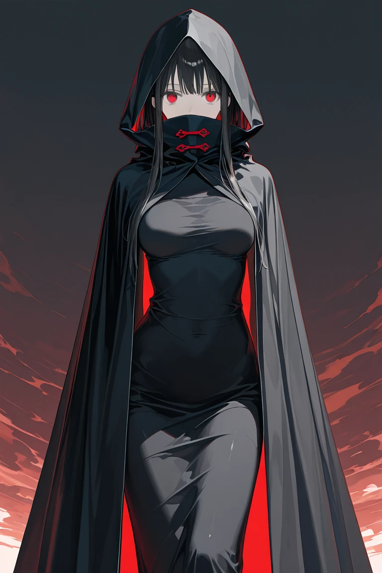 stzd, digital artwork that portrays a mysterious female figure with exaggerated features, rendered in a dark and gloomy color palette. expressionless, with glowing red eyes. The background is a stark contrast of black and vibrant red, with streaks and splatters