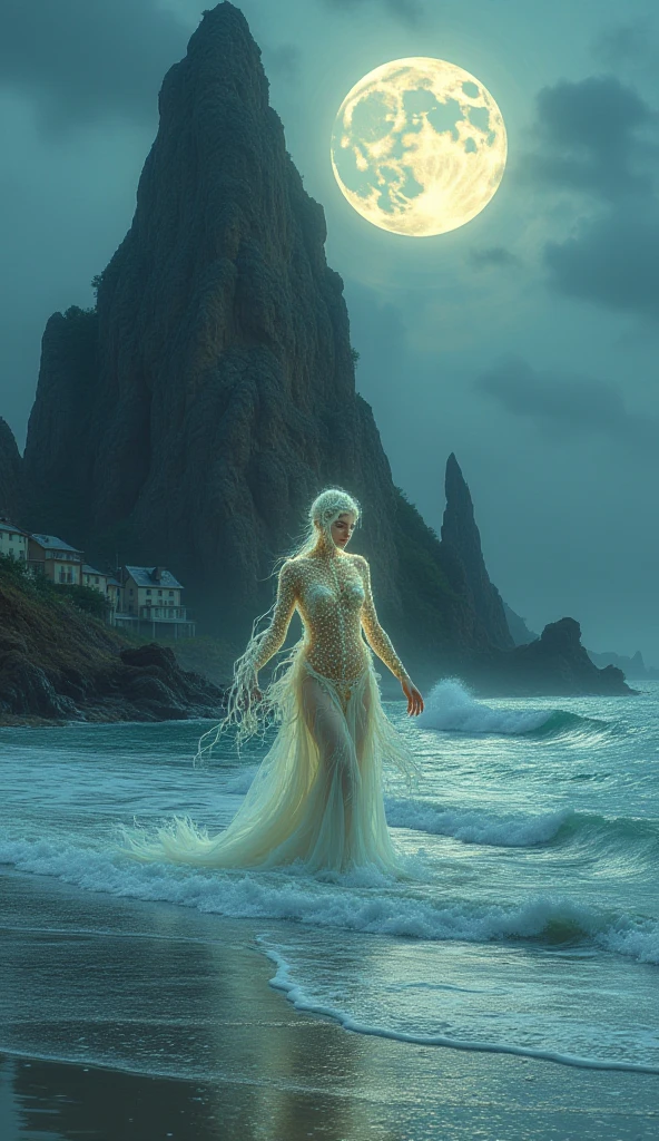 A white blonde goddess is coming from Ocean, she is standing above waters, she is full nuce, Full Moon at sky