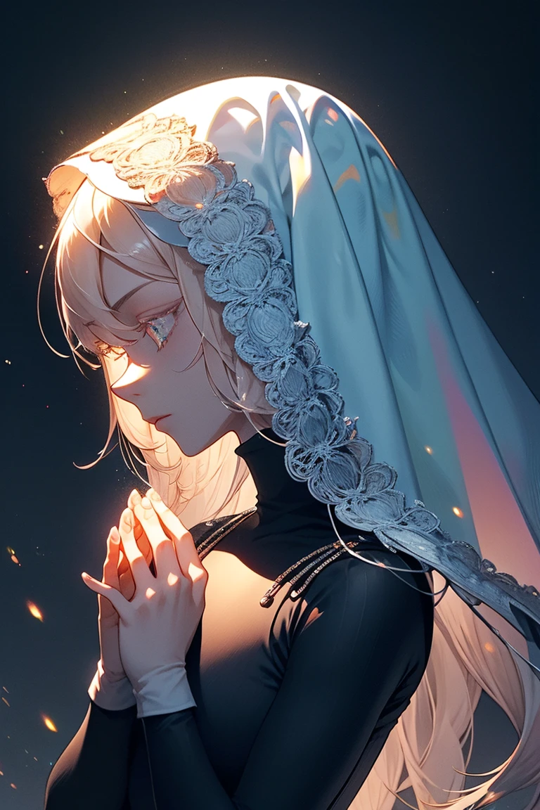 A close-up shot of a beautiful anime-style girl with white hair and a calm expression. She is blindfolded and her hands are pressed together in a detailed, prayer-like gesture, with fingers gently interlaced. The background is a soft, dreamy landscape with ethereal light, enhancing the serene and mystical atmosphere of the scene.