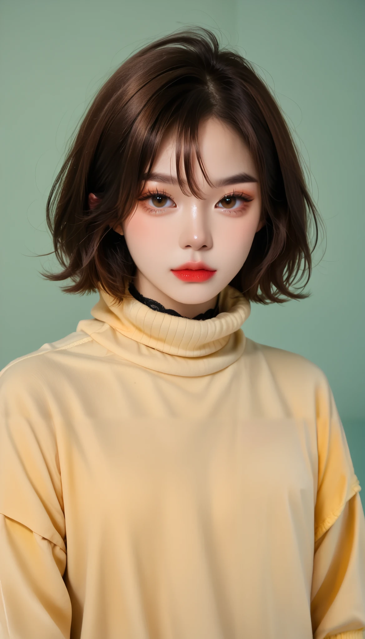 score_9, score_8_up, score_7_up, (photography), Photo RAW, best quality, hires, absurdres, ulzzang, ulzkawai, (((korean aesthetics))), k-pop, glamorous, shine, solo, (thin face), big eyes, ((Xia Yan)), momo ayase (dandadan), brown hair, short hair, hair between eyes, asymmetrical bangs, makeup, lipstick, looks streetwear, yellow sweater, high collar, choker , realistic, looking at viewer, simple background, cowboy shot, sharp focus, Green background