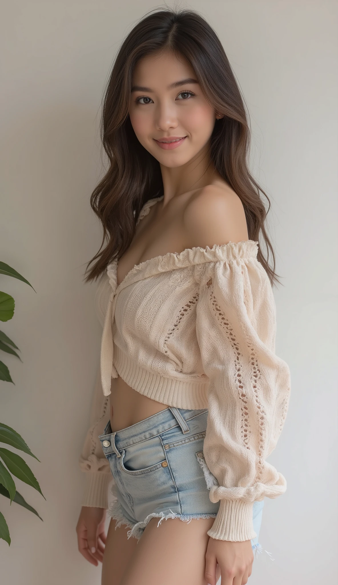 a young woman, beautiful body, big breast, beautiful hips, wearing daily clothes. big covered . smiles. stand.