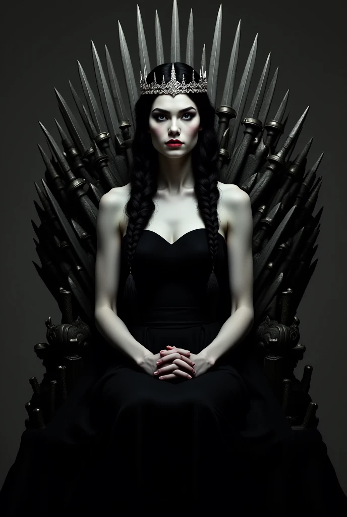 Photo hyperréaliste, un gros plan d'une magnifique femme de 26 ans, assise sur une trone type trone de fer de game of throne, avec des corbeaux sur ses épaules, in style of art fantastique sombre, dark fantasy 100% réalisme, realistic ,art de style fantaisie sombre, belle reine vampire, art fantastique gothique, néoartcore et charlie bowater, Peinture gothique, art fantastique sombre, reine gothique sombre, le style de Charlie Bowater, peinture à huile gothique, hyper détaillée