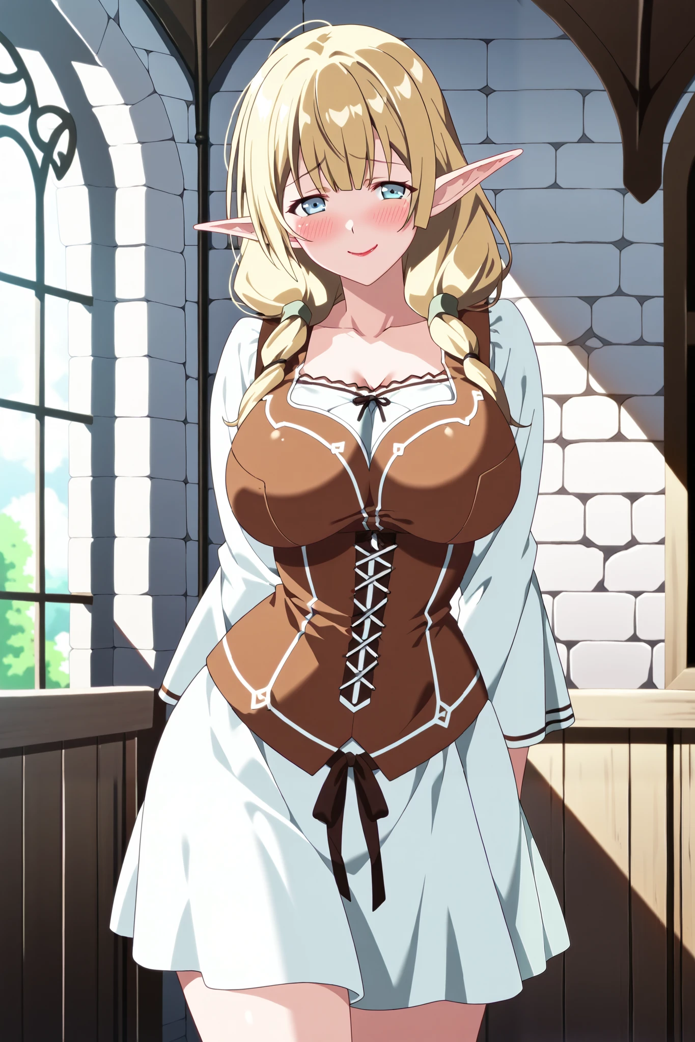 1 girl, Mature female elf , elf ears, Mature woman, Blonde hair, pigtails, light blue eyes, (Pretty Eyes), Sweet expression , red lipstick, (sweet smile pajamas: 1.4), medium breasts, seios flácidos de Mature woman, (white medieval tunic: 1.5), (wide brown medieval skirt: 1.5), thin waist, thin hips, (shy pose: 1.3), (best quality: 1,5), (High details: 1,5), (anime art style: 1,5), score_9, score_8_above, score_7_above, score_6_above , score_5_above , score_4_above.