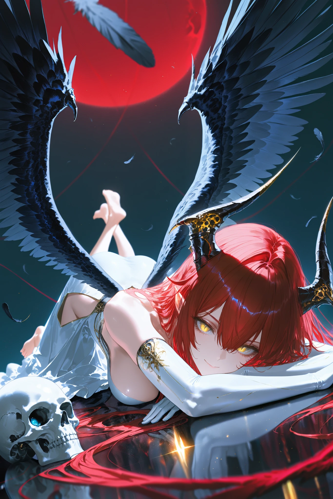 (artist: quasarcake:0.8),depth of field,extreme aesthetic,(wlop:0.6),wanke,rella,wanke,masterpiece,best quality,good quality,newest,year 2024,year 2023,very aesthetic,absurdres,Visual impact,perspective composition,
1girl,red hair, long hair, golden eyes , horns, long hair , gloves, wings, lying,solo, looking at viewer, barefoot ,dress, demon girl, white gloves, hair between eyes ,on stomach, demon horns, feathered wings, white dress, hip vent, bare shoulders, smile, skull, slit pupils, black wings, breasts, low wings, elbow gloves ,feathers, demon wings,