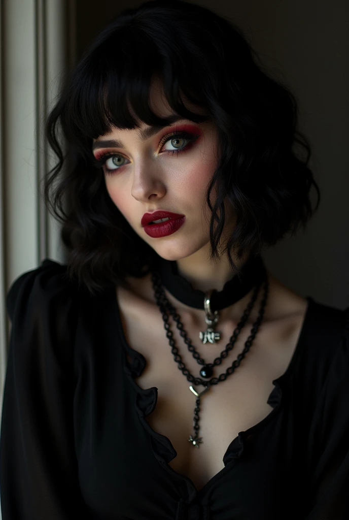 (((Surreal))) Photo, masterpiece, top quality, (pale skin), (super detailed的脸部和眼睛:1.3), 1 girl, adult, in a black T-shirt, The necklace hangs on the chest, NECKLACE, (Eye makeup, black mascara) , ((big, Gentle lips)), ((dark curly hair)), ((Chiolka)) , (natural massive giant breasts), ((Outside)), Photo shooting, (side light), (Play of light and shadow), depth of field, hips, (special attention to leather details: 1.2), detailed skin texture, skin pores. (frame dark atmosphere. Color range - black, tangerine, red, tune), Dlm grain), (rays), ((glare)), ((portrait, close to the camera)) , super detailed,