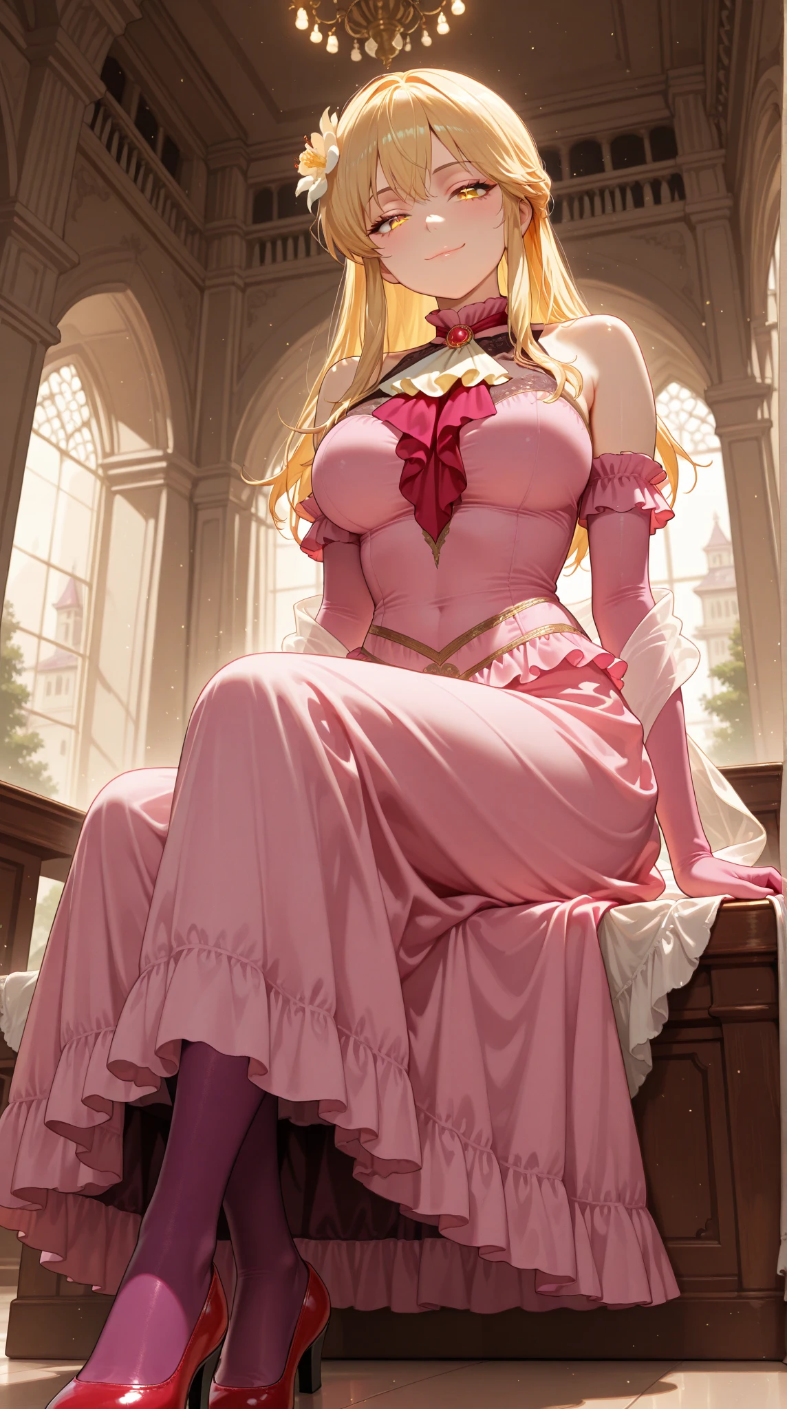 (masterpiece), best quality, expressive eyes, perfect face, Sexy female, (((bimbo))), blonde hair, green eyes, huge fake breasts, huge butt, full body, (1girl), (pink dress), gold bracelets, pink choker, gold hoop earrings, pink high heels, (pink bedroom background), plump lips, pink lipstick, spoiled, smartphone, makeup, spoiled rotten, (sitting on a throne)